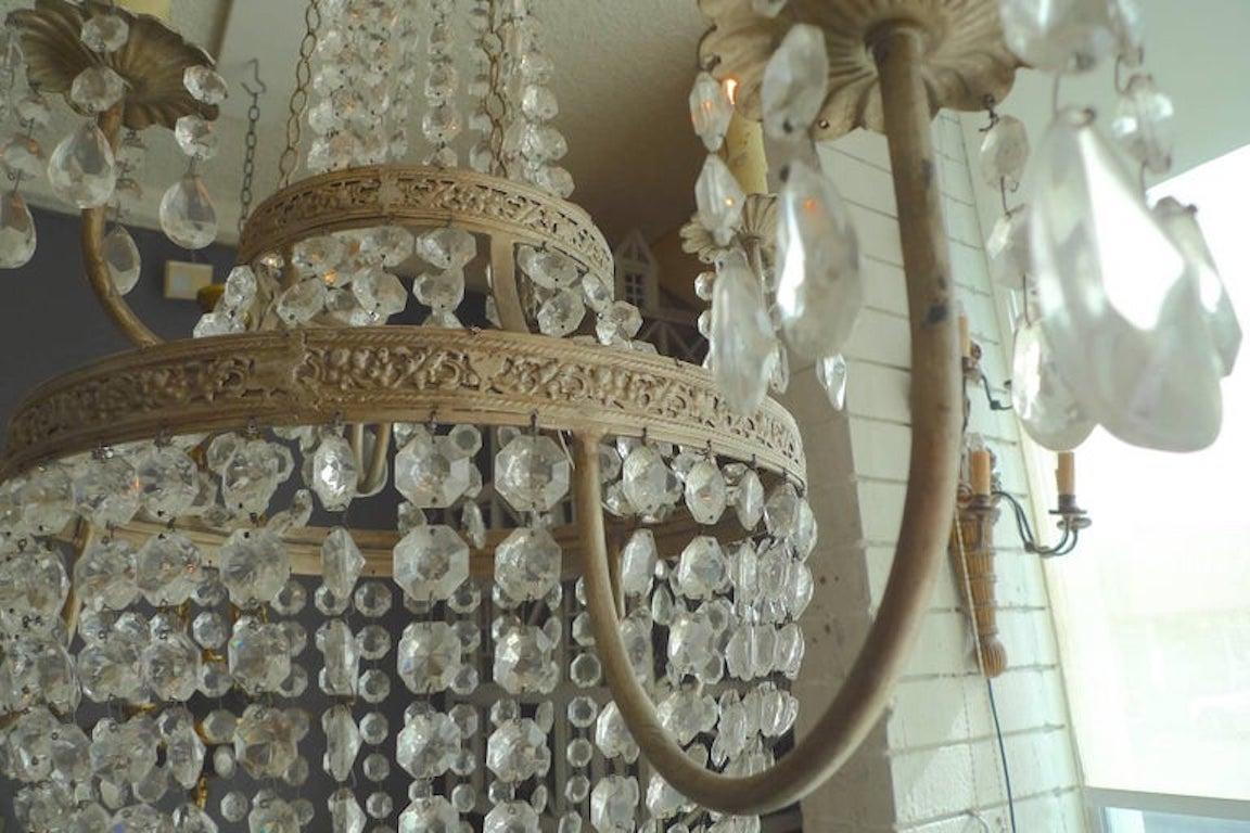 French 1950s Basket and Crown Crystal and Metal Chandelier with Six-Light For Sale 7