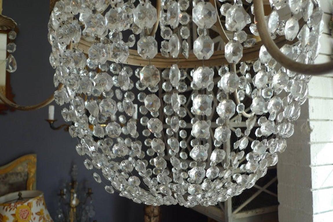 French 1950s Basket and Crown Crystal and Metal Chandelier with Six-Light For Sale 9