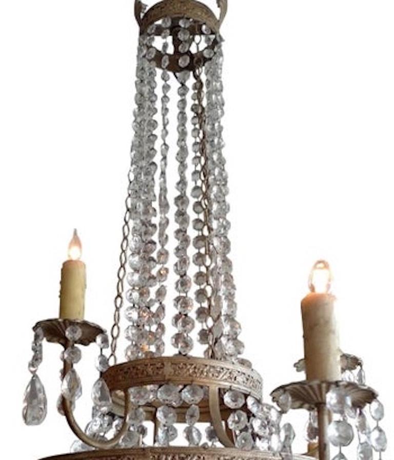 French 1950s Basket and Crown Crystal and Metal Chandelier with Six-Light.