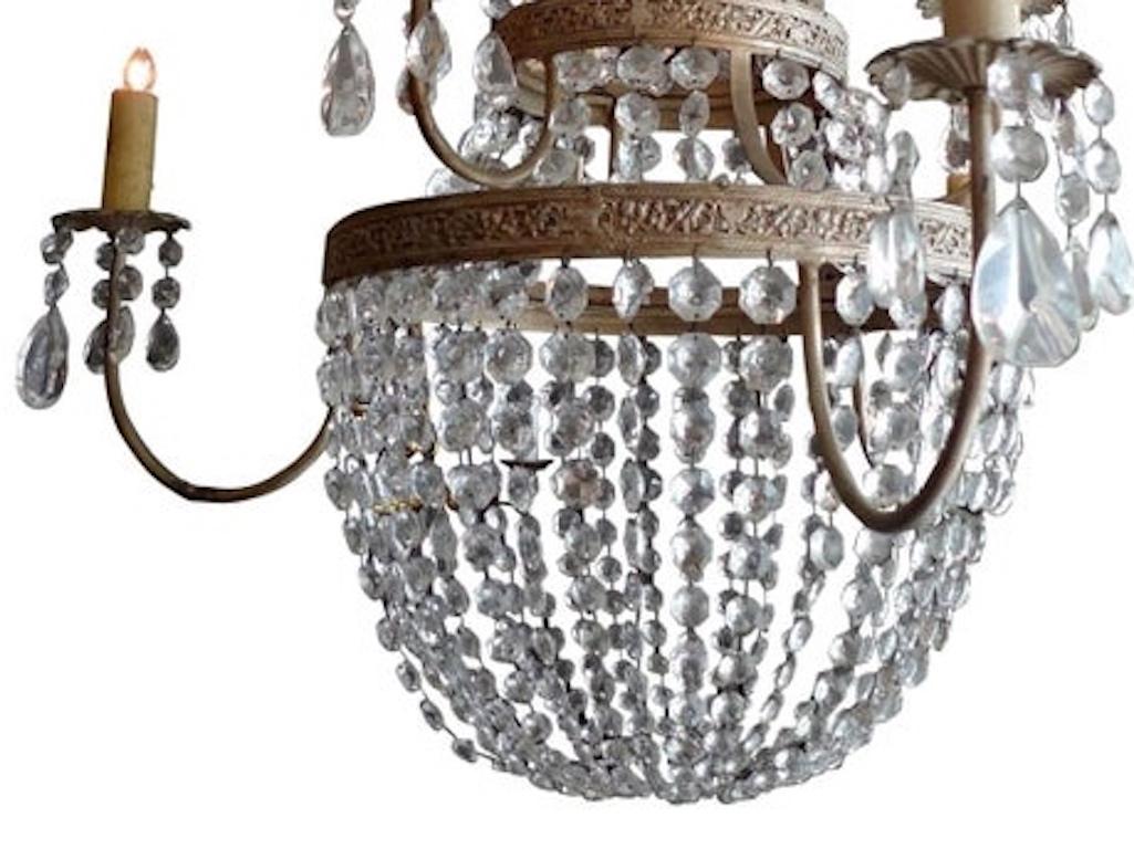 Gilt French 1950s Basket and Crown Crystal and Metal Chandelier with Six-Light For Sale