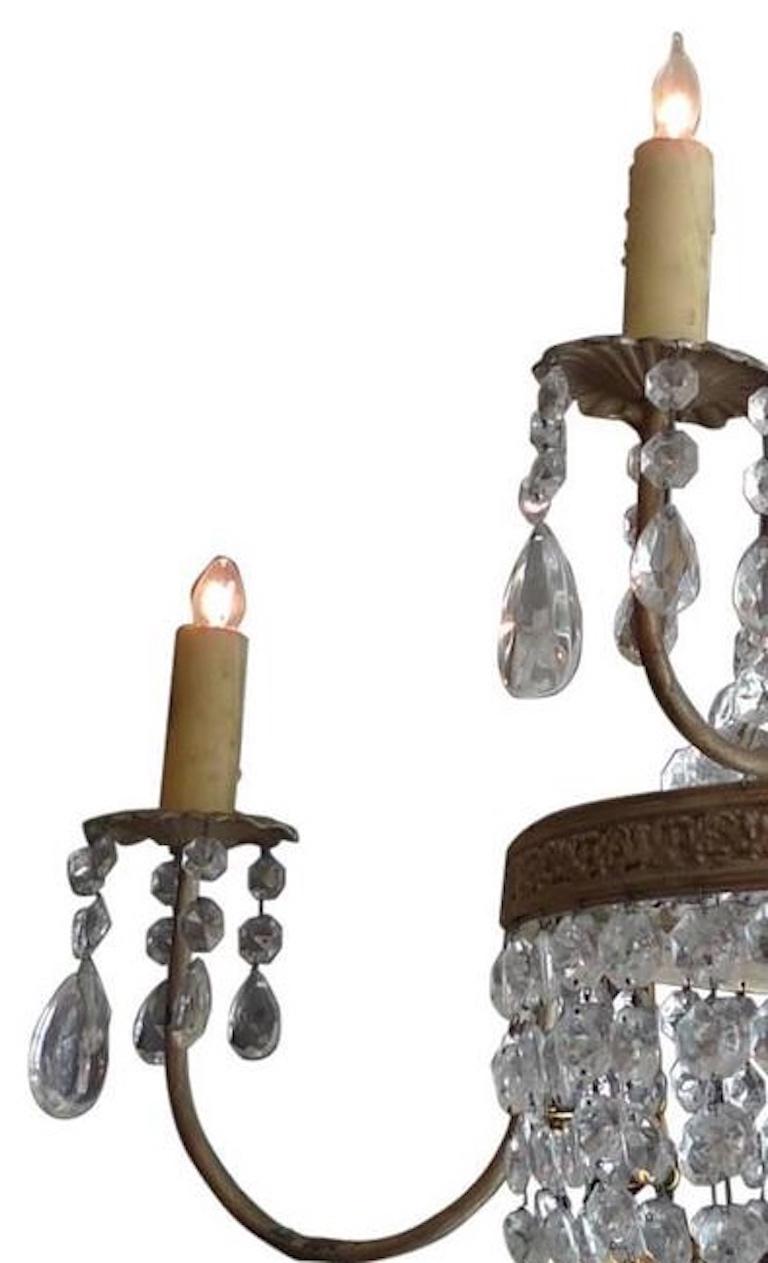 20th Century French 1950s Basket and Crown Crystal and Metal Chandelier with Six-Light For Sale