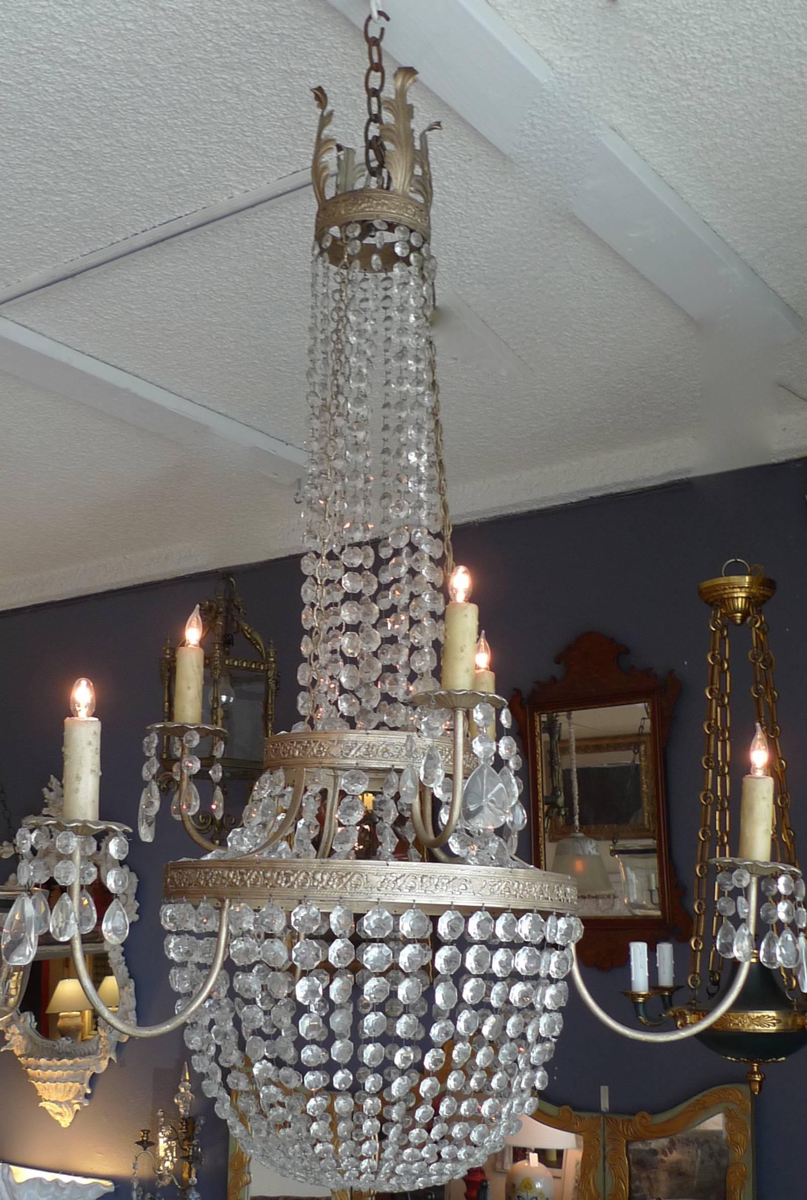 French 1950s Basket and Crown Crystal and Metal Chandelier with Six-Light 1