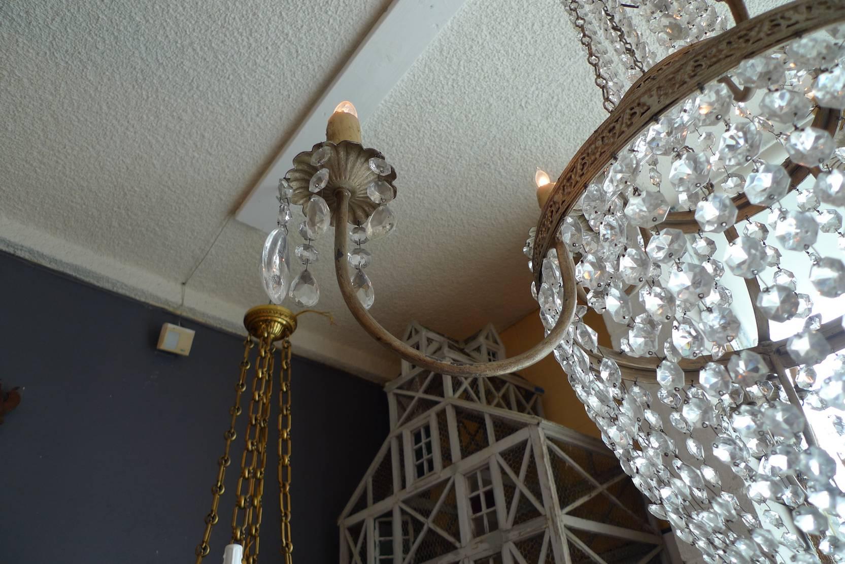 French 1950s Basket and Crown Crystal and Metal Chandelier with Six-Light 2