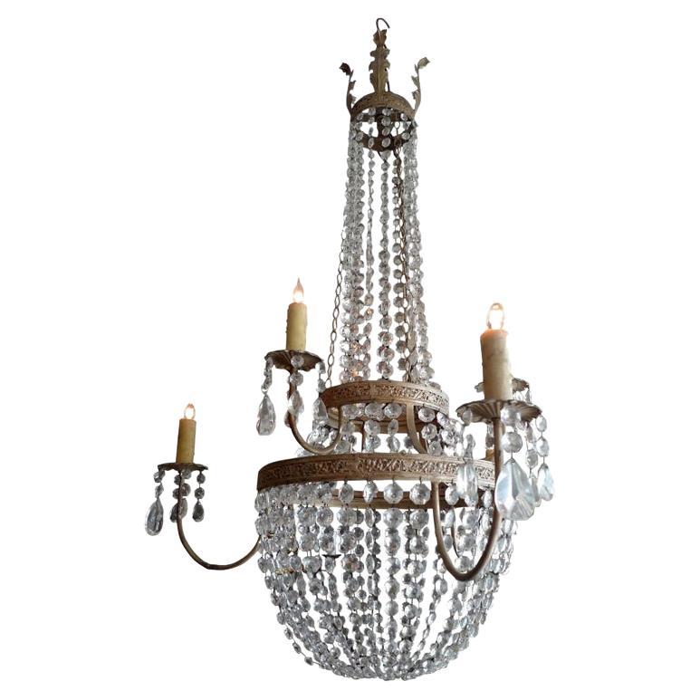 French 1950s Basket and Crown Crystal and Metal Chandelier with Six-Light