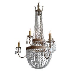 Vintage French 1950s Basket and Crown Crystal and Metal Chandelier with Six-Light