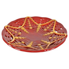 French 1950s Big Ceramic Plate in Red and Gold Signed B-Lettale