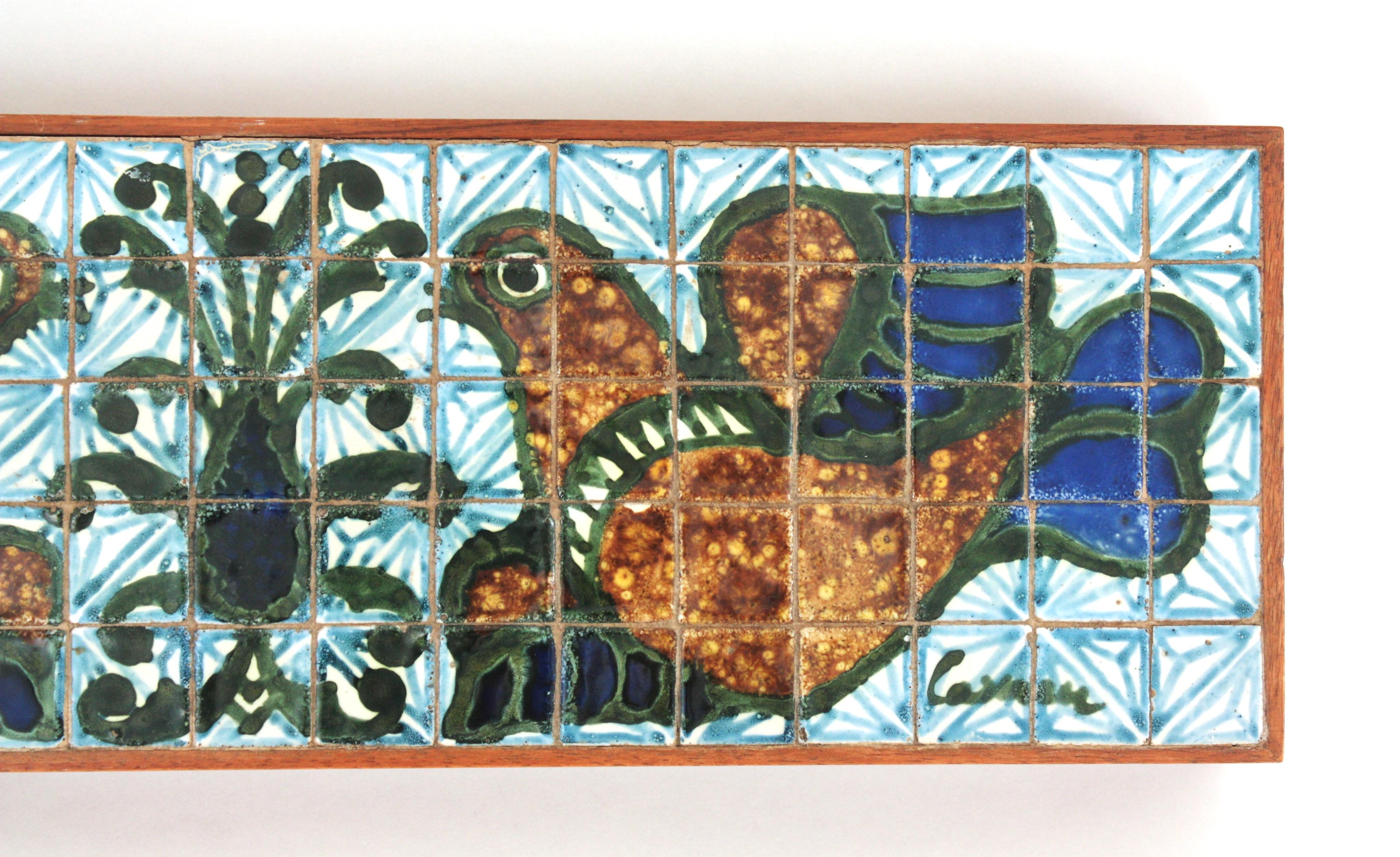 French 1950s Bird Tiles Trinket Box in Ceramic and Wood For Sale 4