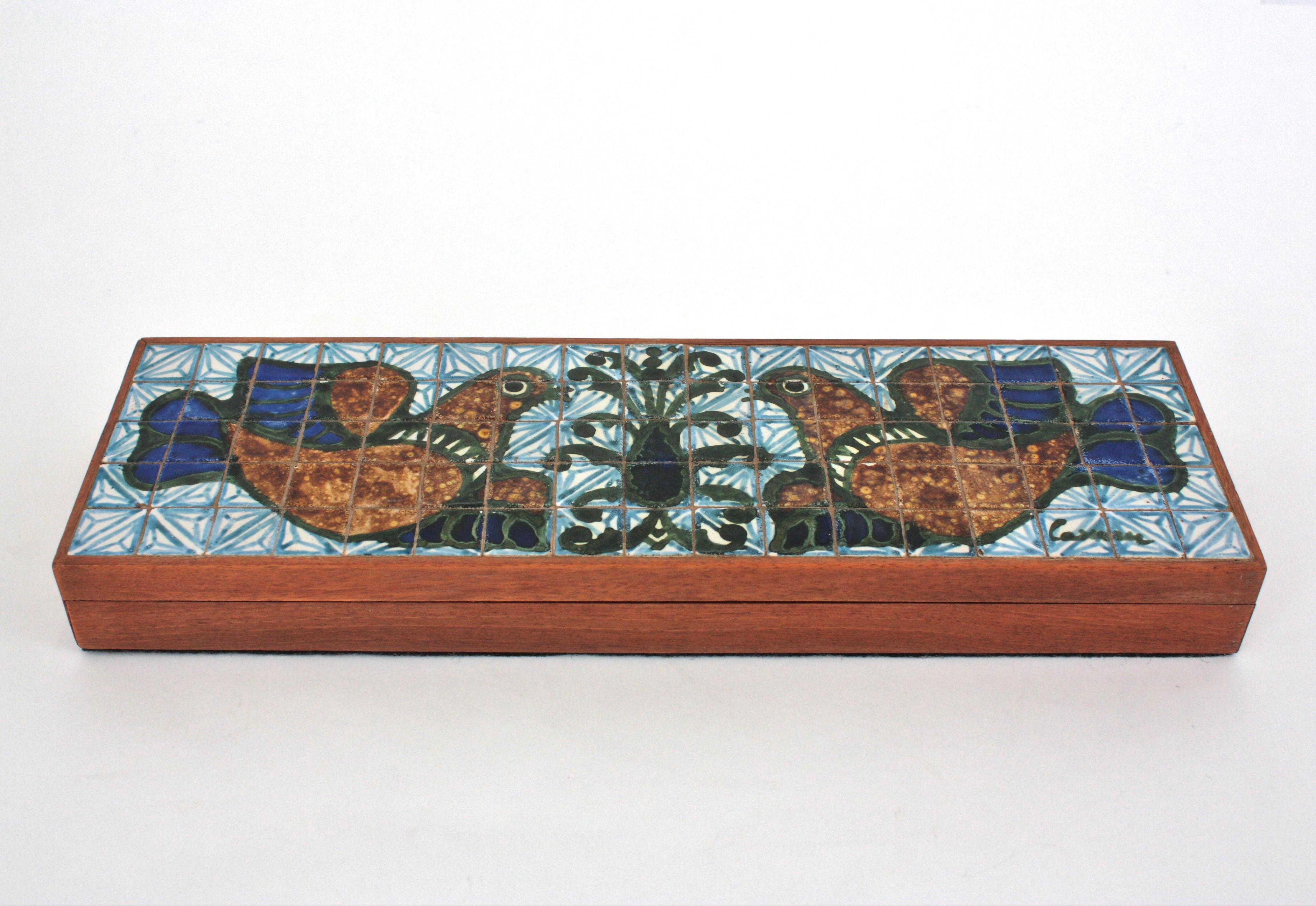 French 1950s Bird Tiles Trinket Box in Ceramic and Wood For Sale 7