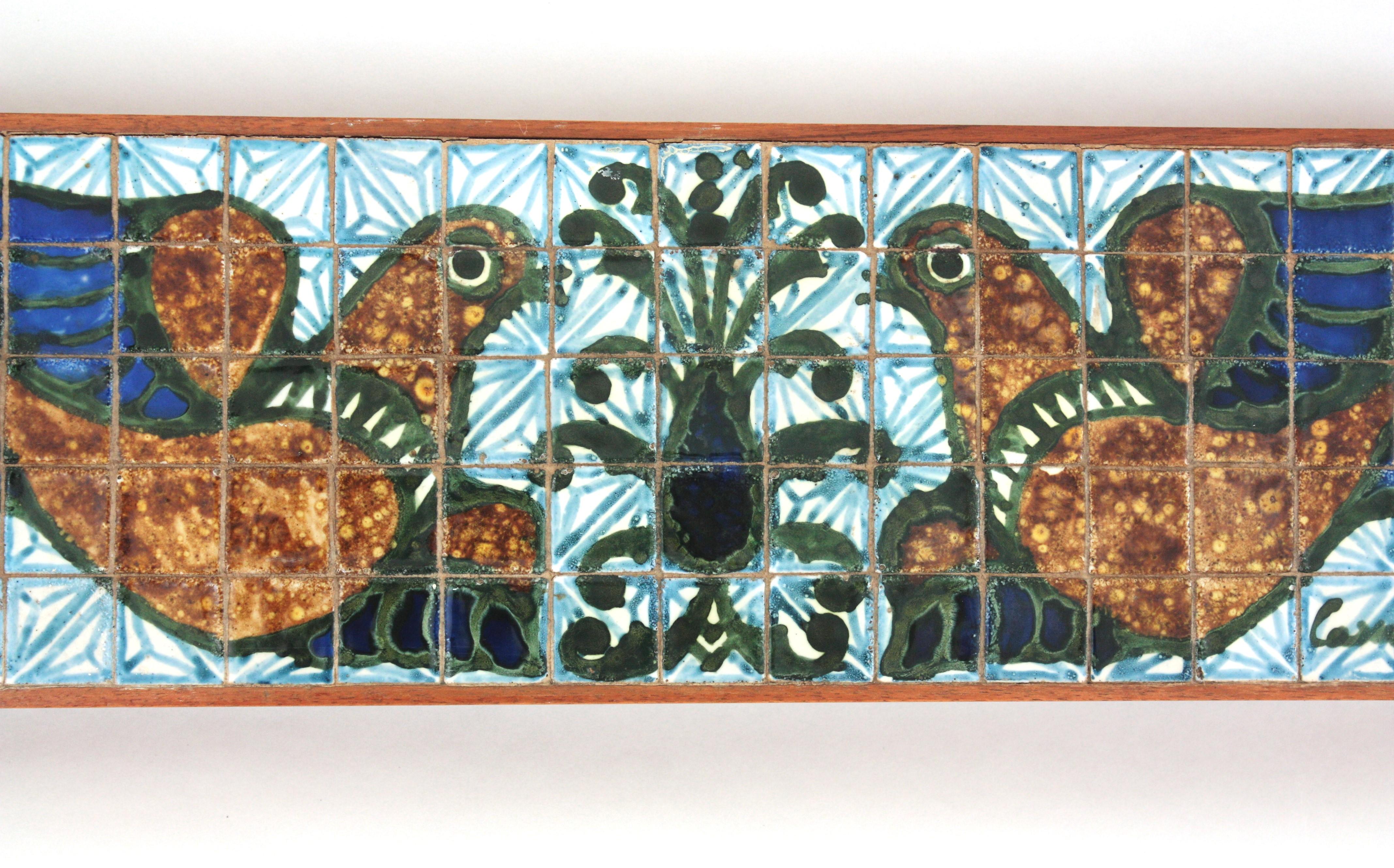 Mid-Century Modern French 1950s Bird Tiles Trinket Box in Ceramic and Wood For Sale