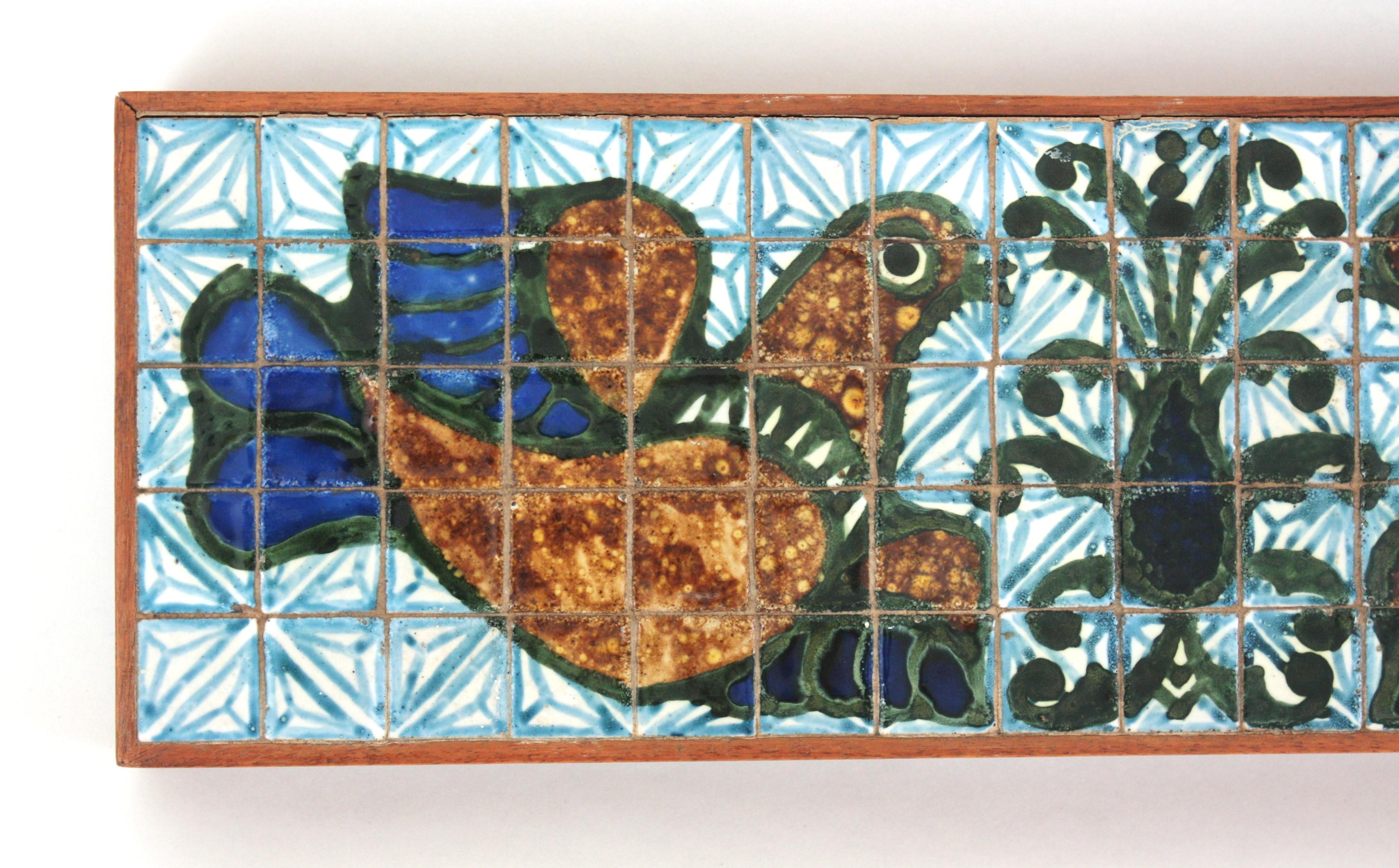 French 1950s Bird Tiles Trinket Box in Ceramic and Wood For Sale 3