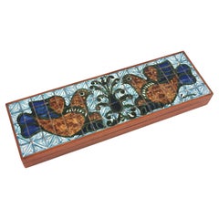 French 1950s Bird Tiles Trinket Box in Ceramic and Wood
