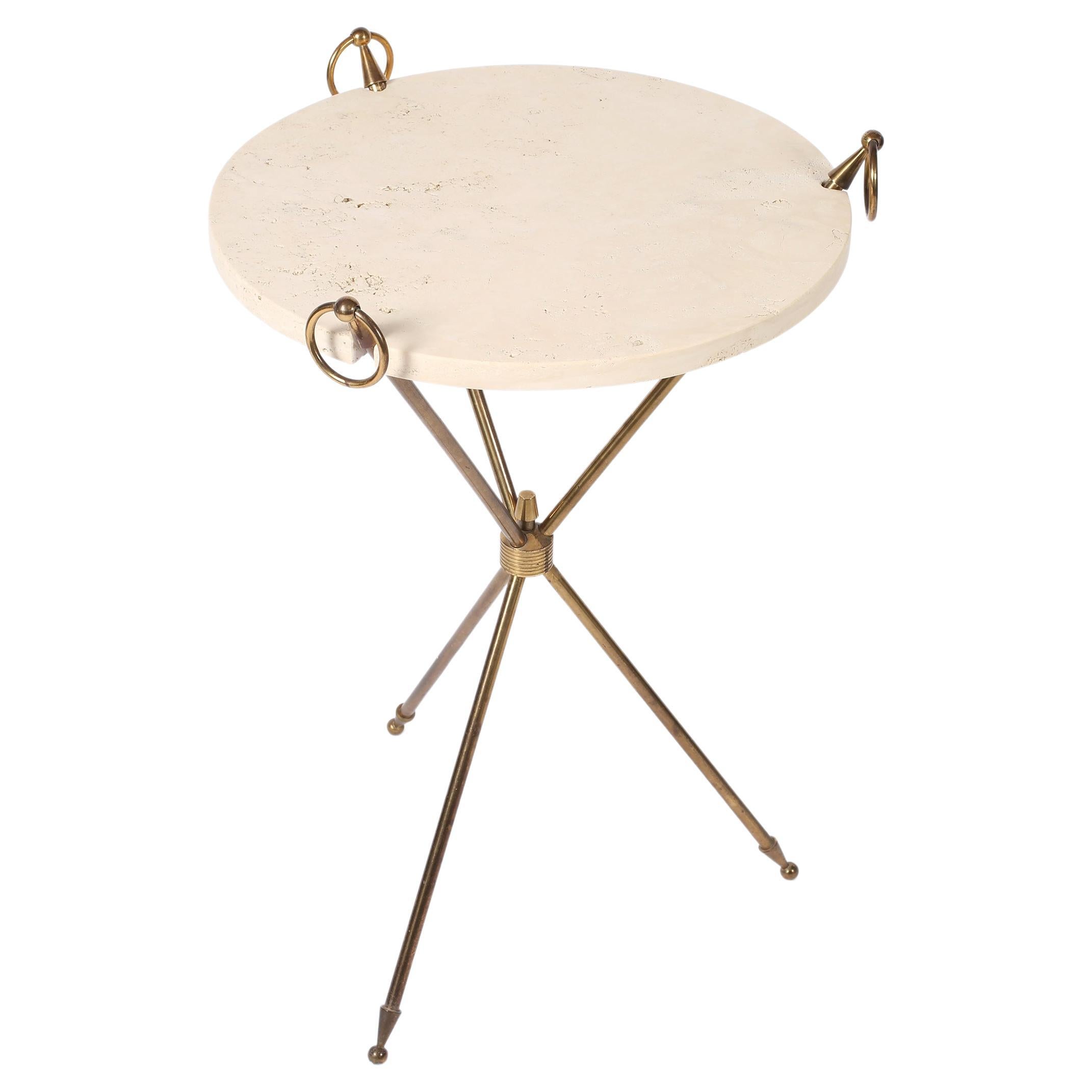 French 1950s Brass and Limestone Gueridon Ring Side Table For Sale