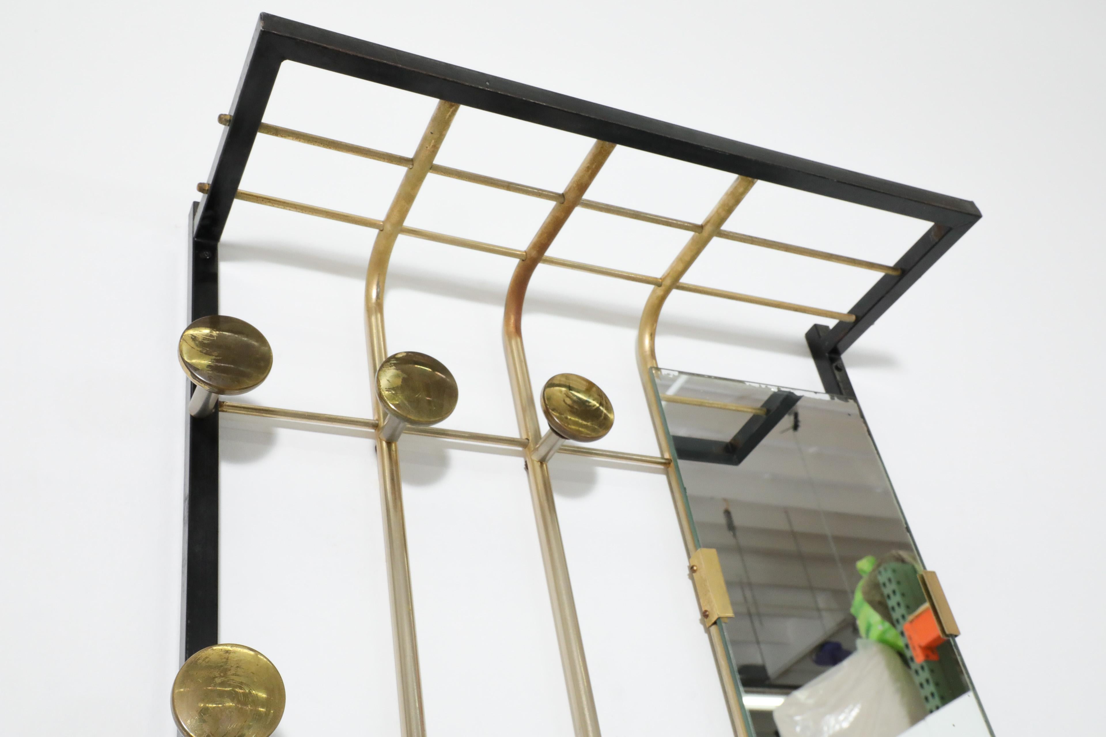 French 1950's Brass and Metal Wall Mount Coat Rack with Mirror For Sale 4