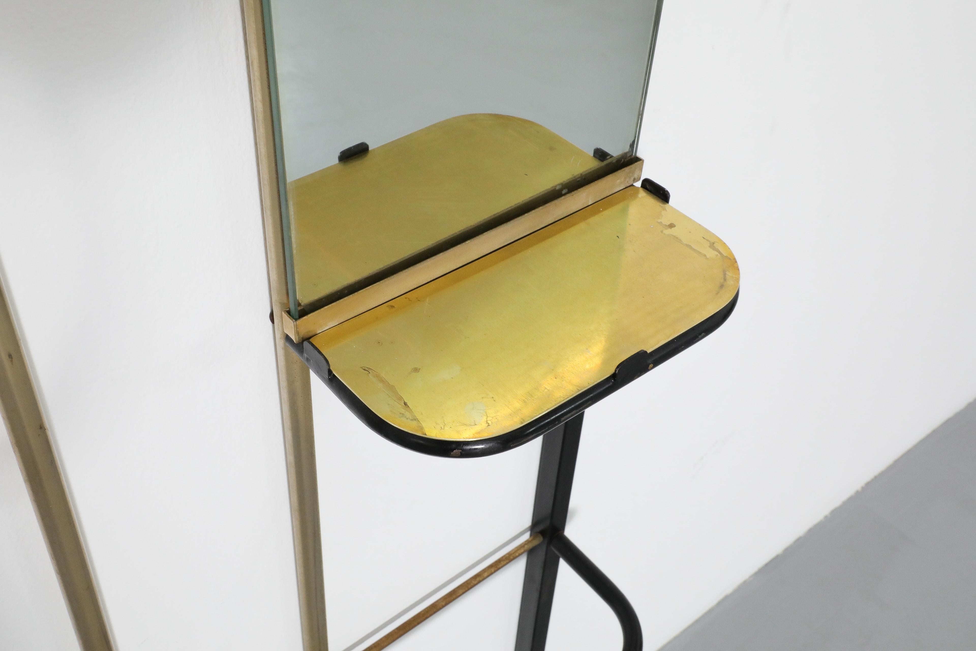 French 1950's Brass and Metal Wall Mount Coat Rack with Mirror For Sale 6