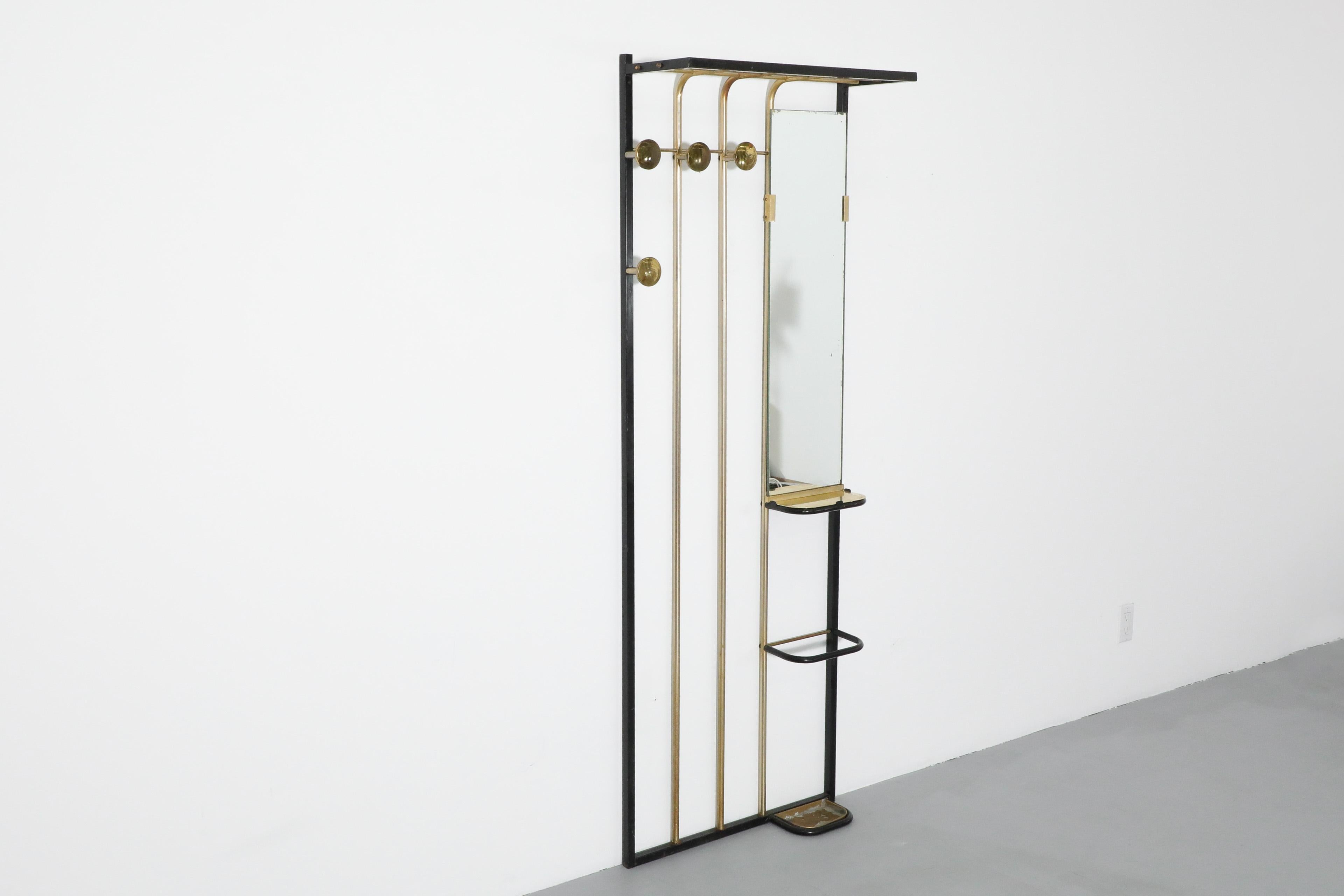 Mid-Century Modern French 1950's Brass and Metal Wall Mount Coat Rack with Mirror For Sale
