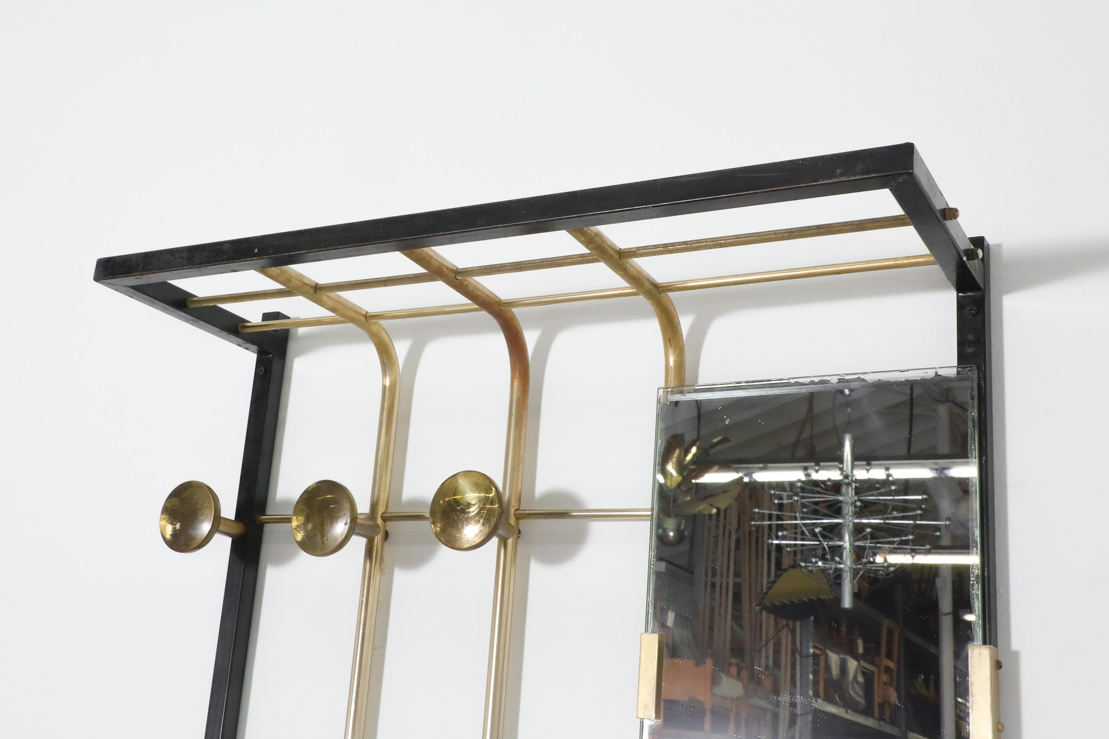 Mid-20th Century French 1950's Brass and Metal Wall Mount Coat Rack with Mirror For Sale