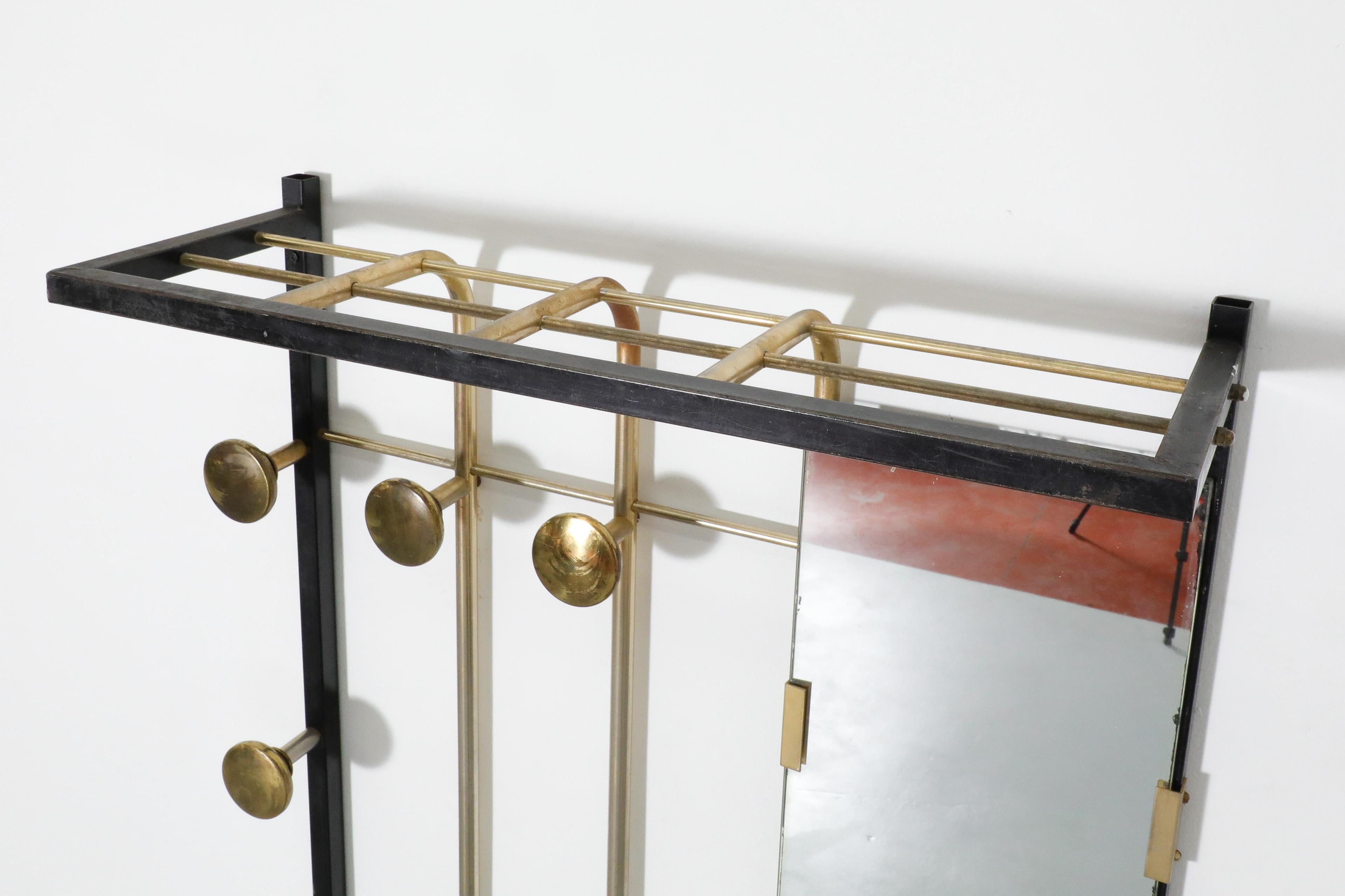 French 1950's Brass and Metal Wall Mount Coat Rack with Mirror For Sale 1