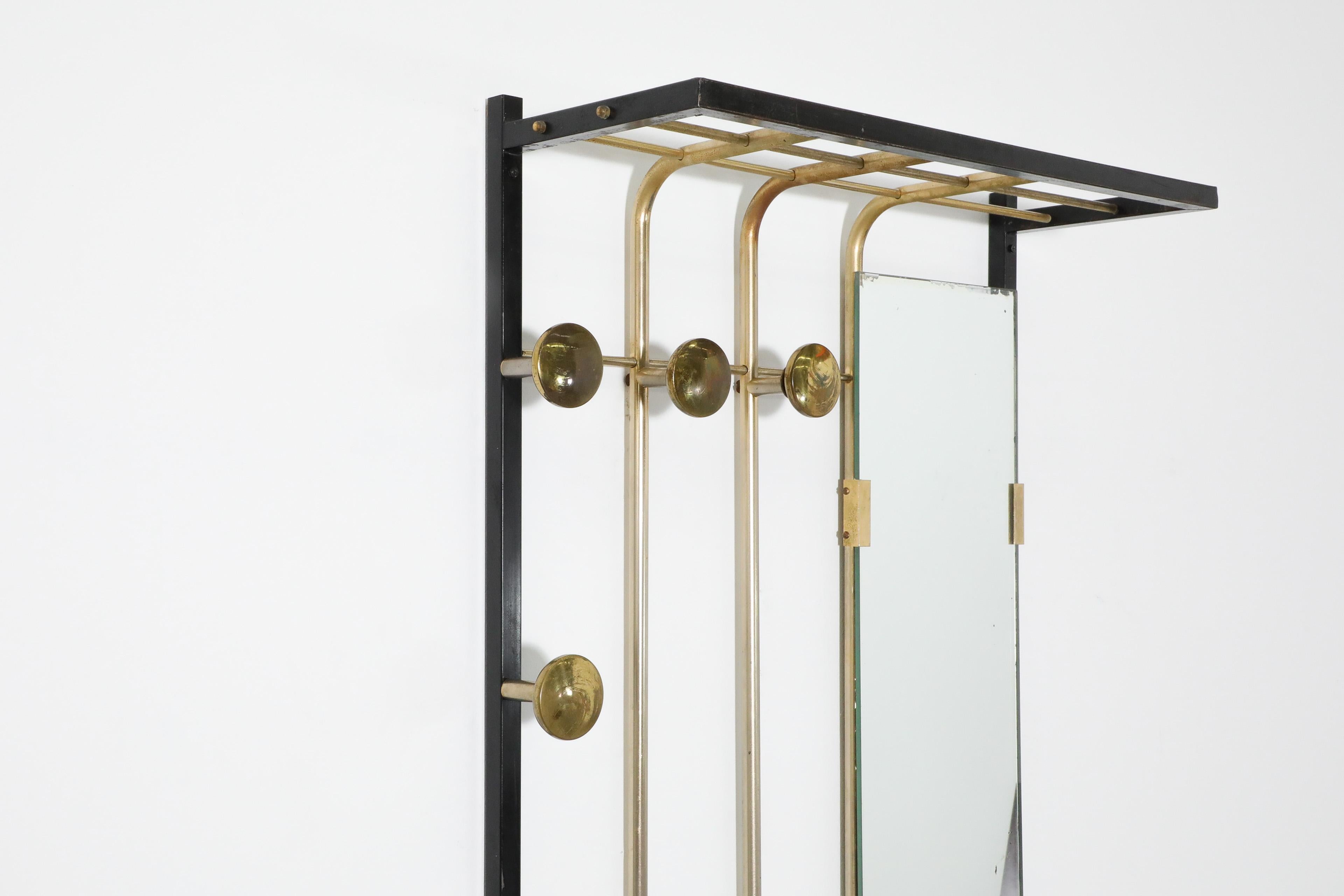 French 1950's Brass and Metal Wall Mount Coat Rack with Mirror For Sale 2