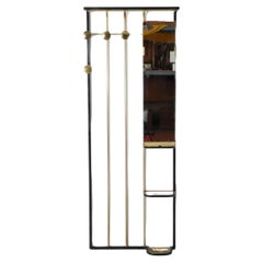 Retro French 1950's Brass and Metal Wall Mount Coat Rack with Mirror