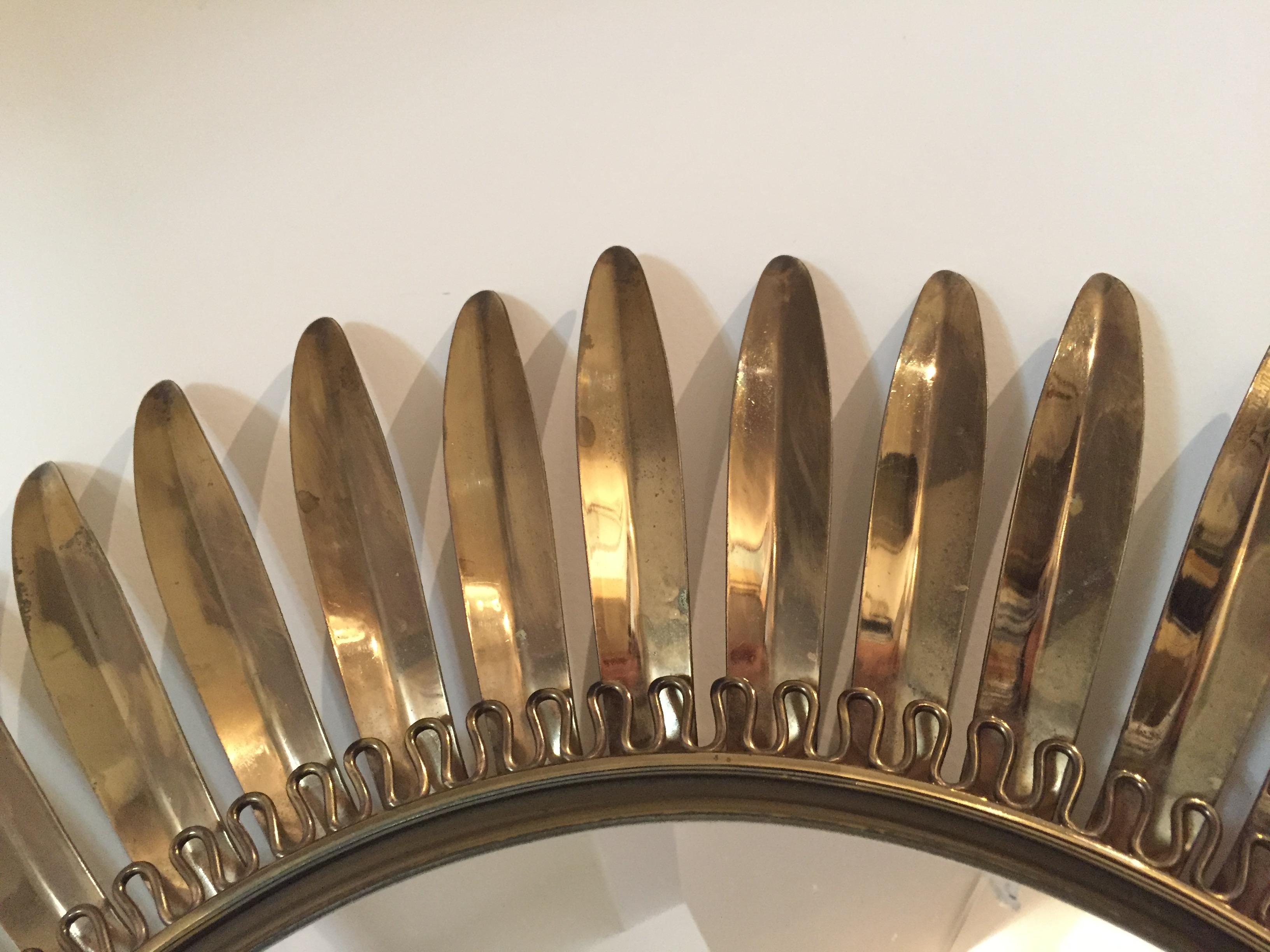 Bronzed French 1950s Brass Starburst Convex Mirror For Sale