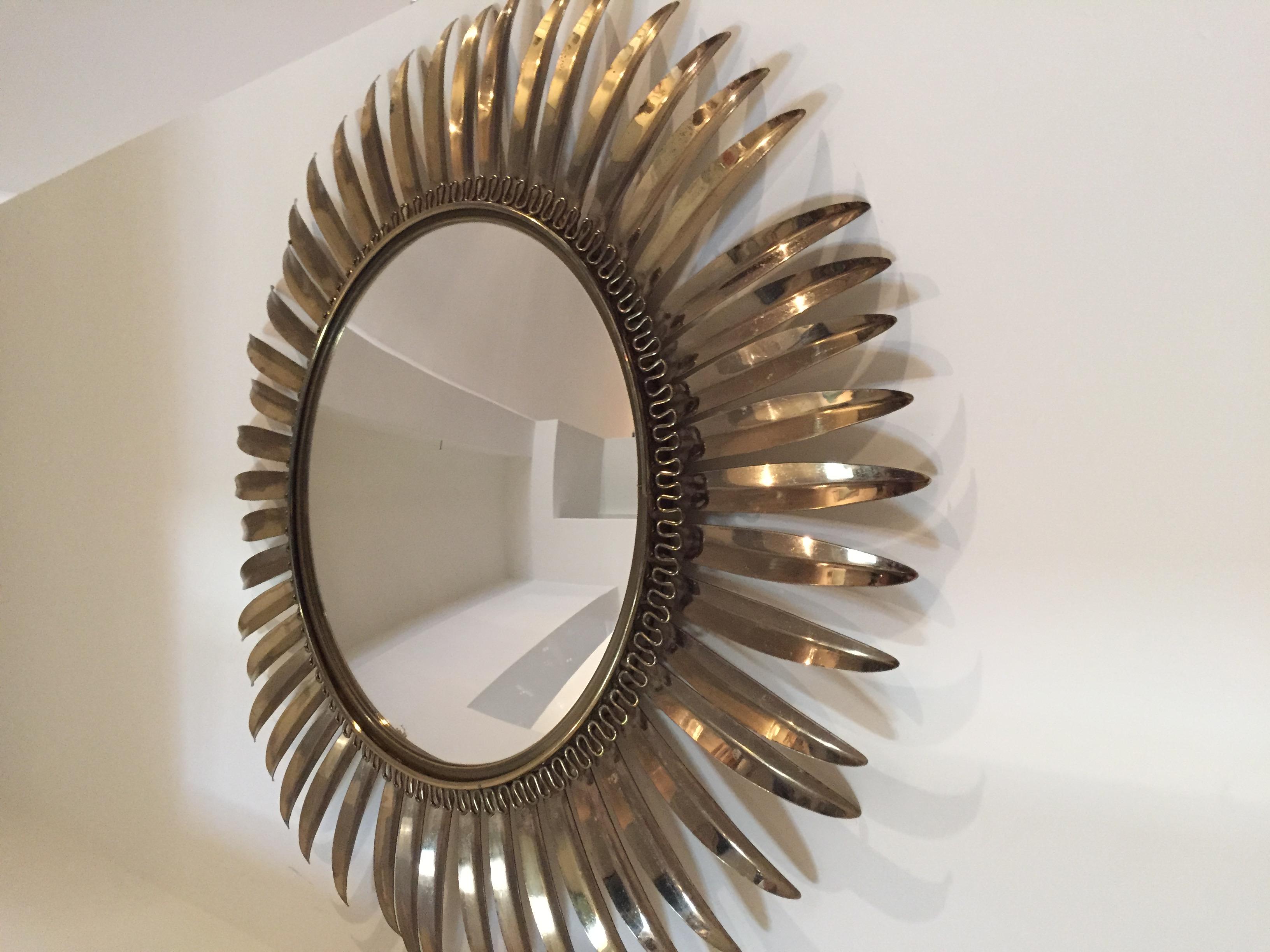 French 1950s Brass Starburst Convex Mirror In Excellent Condition For Sale In Westport, CT