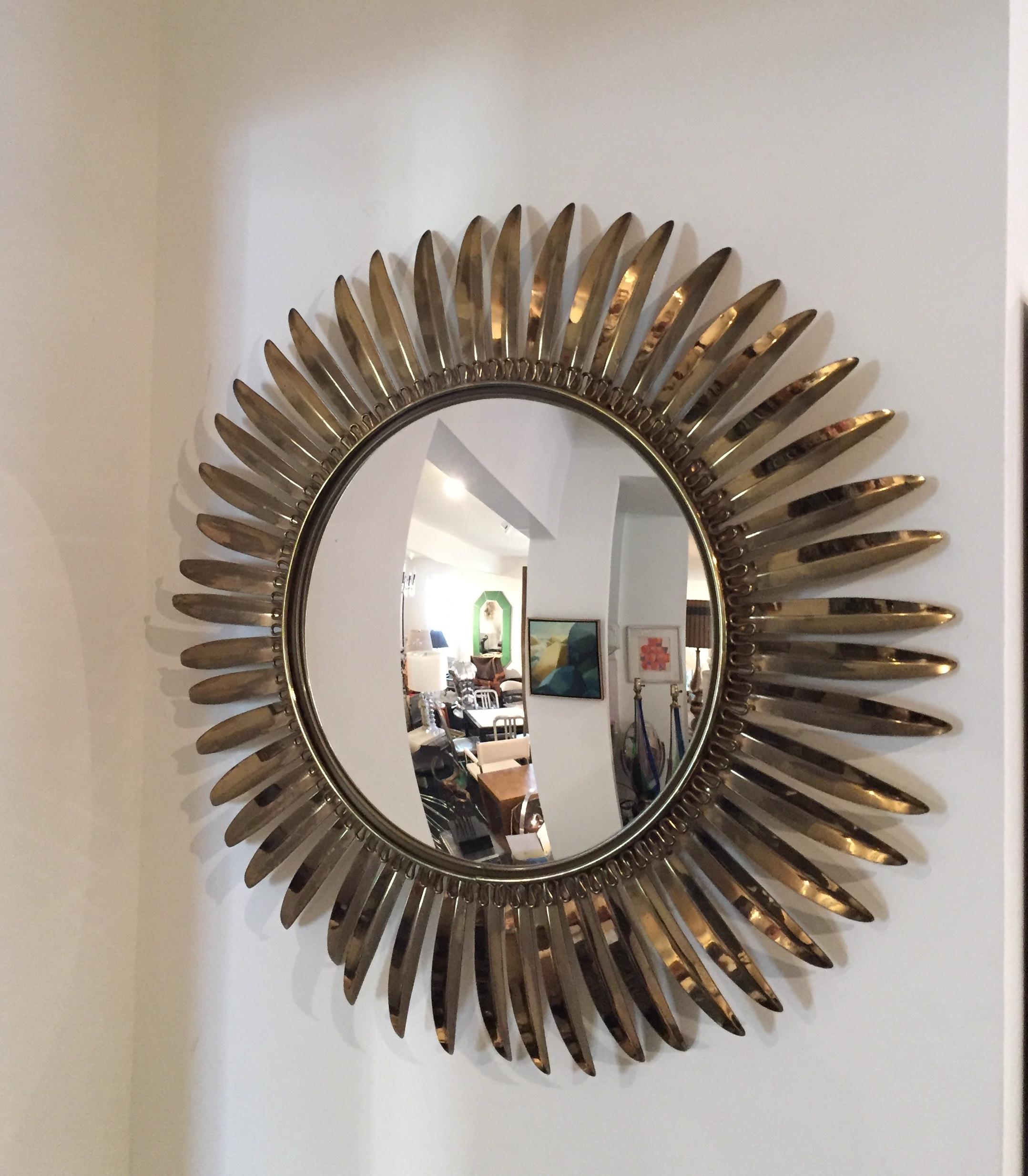 Mid-20th Century French 1950s Brass Starburst Convex Mirror For Sale