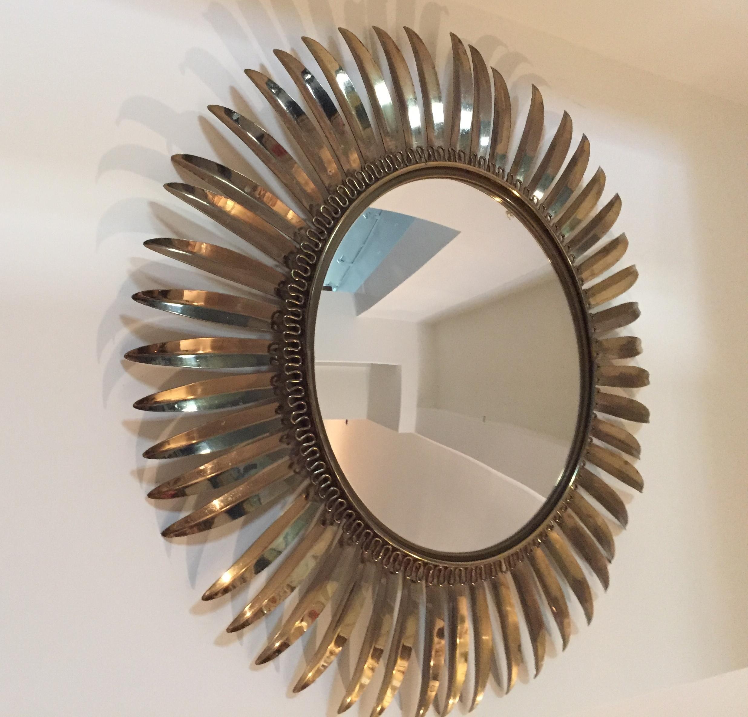 Glass French 1950s Brass Starburst Convex Mirror For Sale