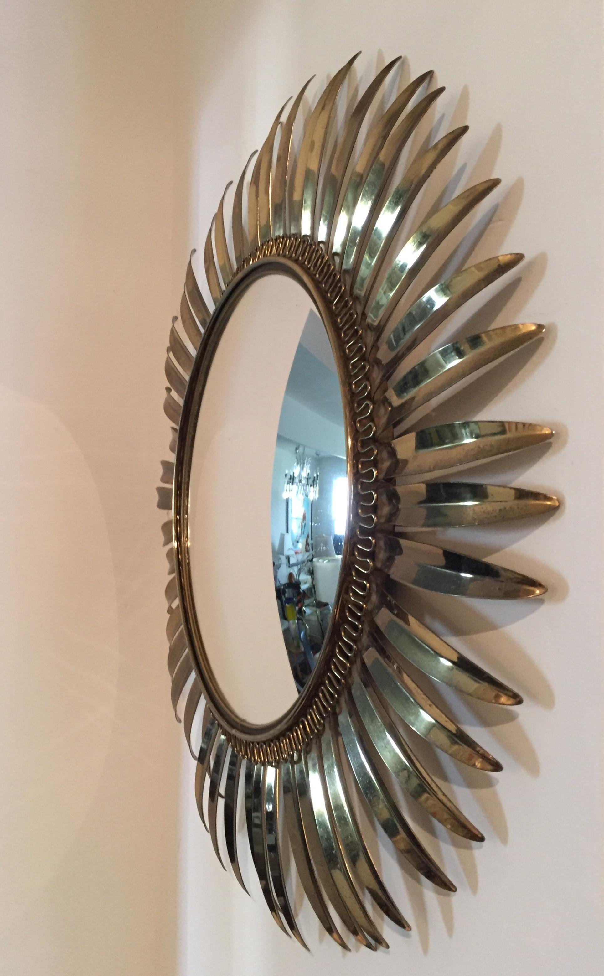 French 1950s Brass Starburst Convex Mirror For Sale 1