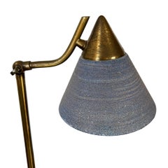 French 1950s Brass Table Lamp With Original Blue Glass Shade