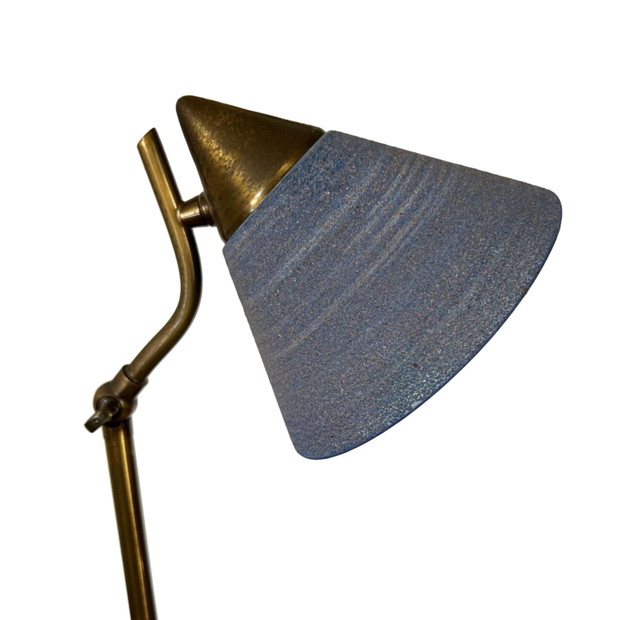 Mid-20th Century French 1950s Brass Table Lamp With Original Blue Glass Shade For Sale