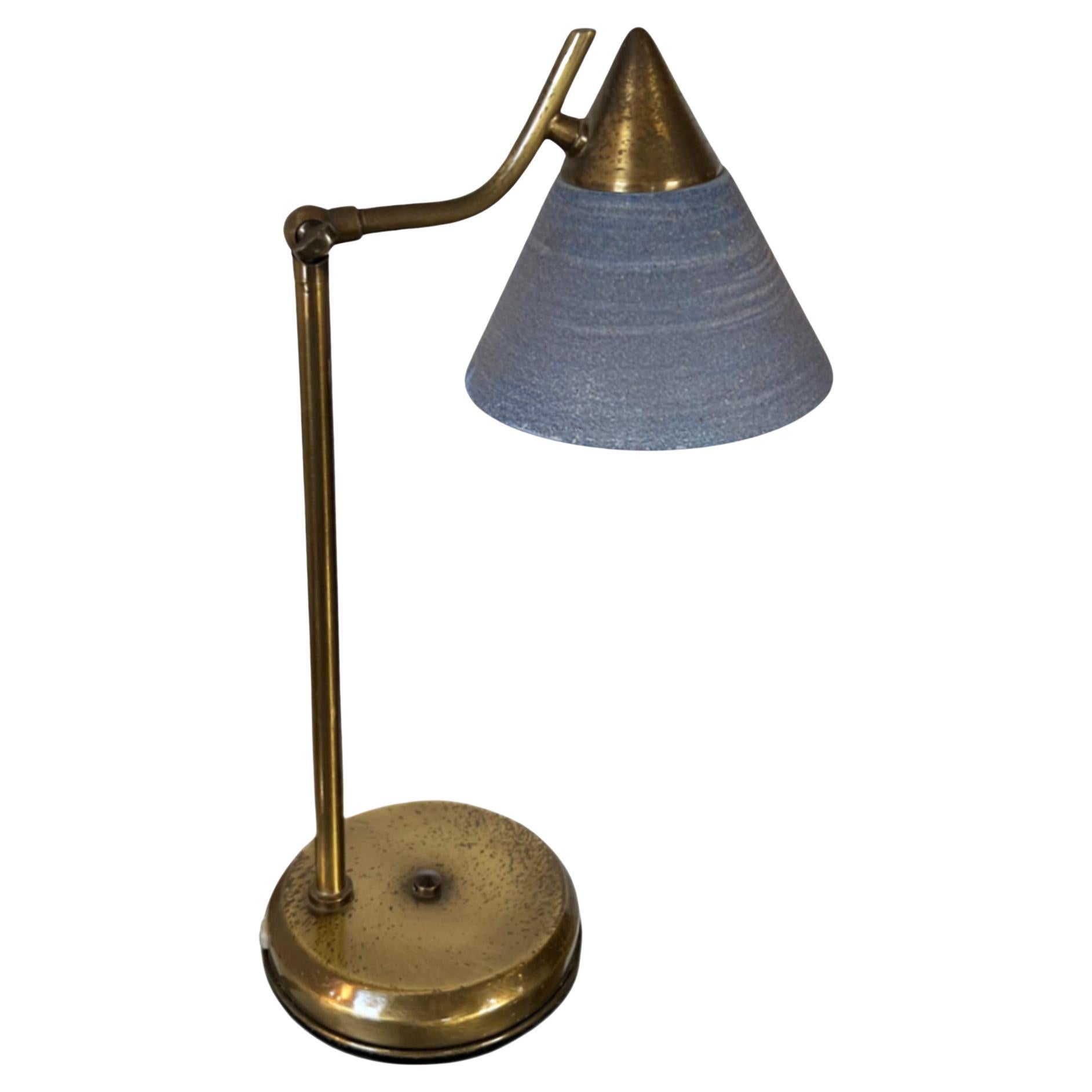 French 1950s Brass Table Lamp With Original Blue Glass Shade For Sale