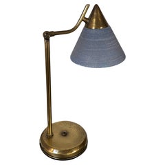 Retro French 1950s Brass Table Lamp With Original Blue Glass Shade