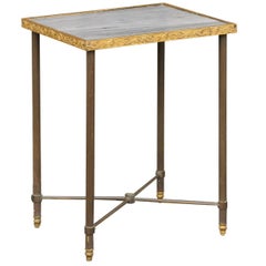 French 1950s Bronze Drink Table with Grey Marble Top and Gilt Scrollwork Rim