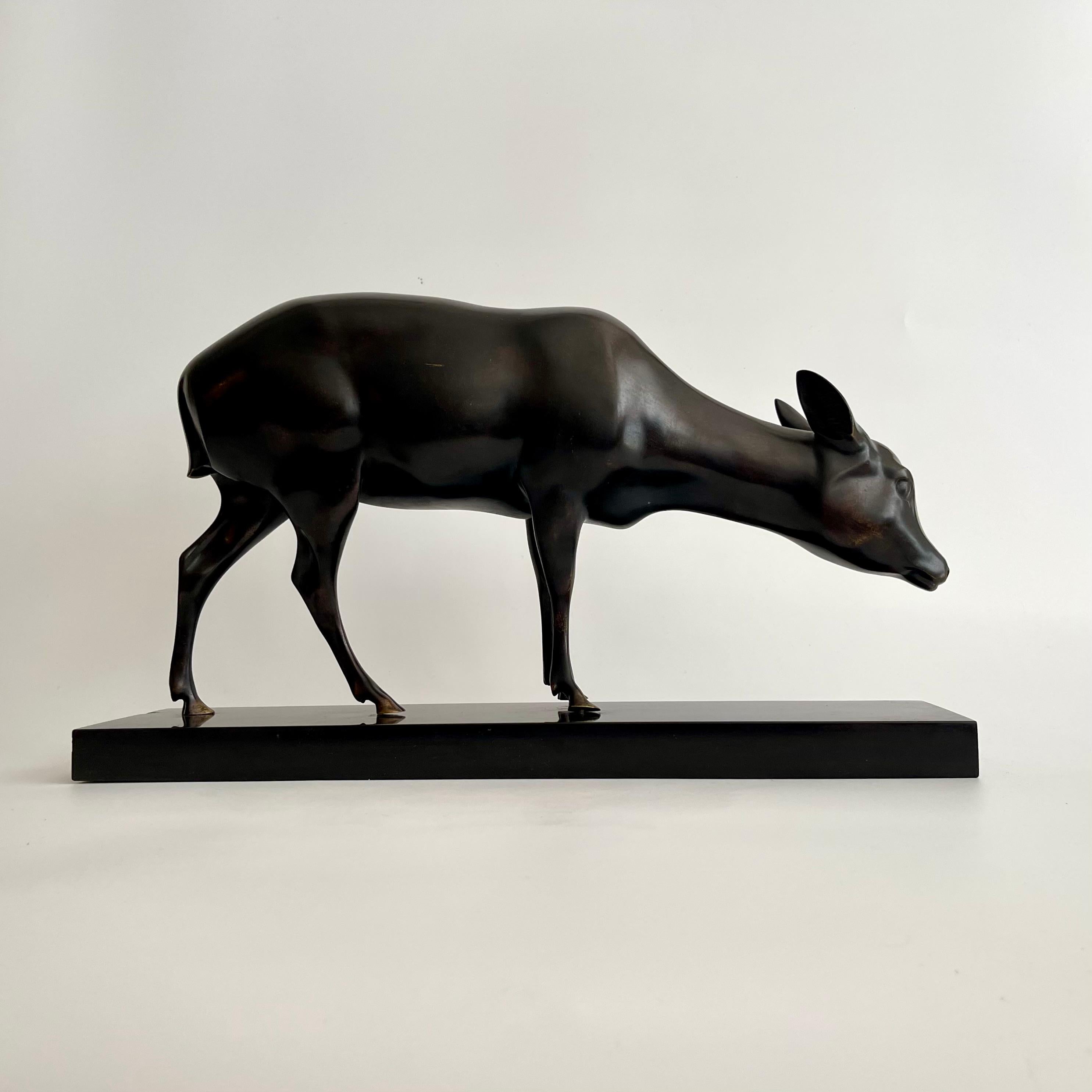 French 1950s Bronze of a Grazing Deer Signed Sinko For Sale 2