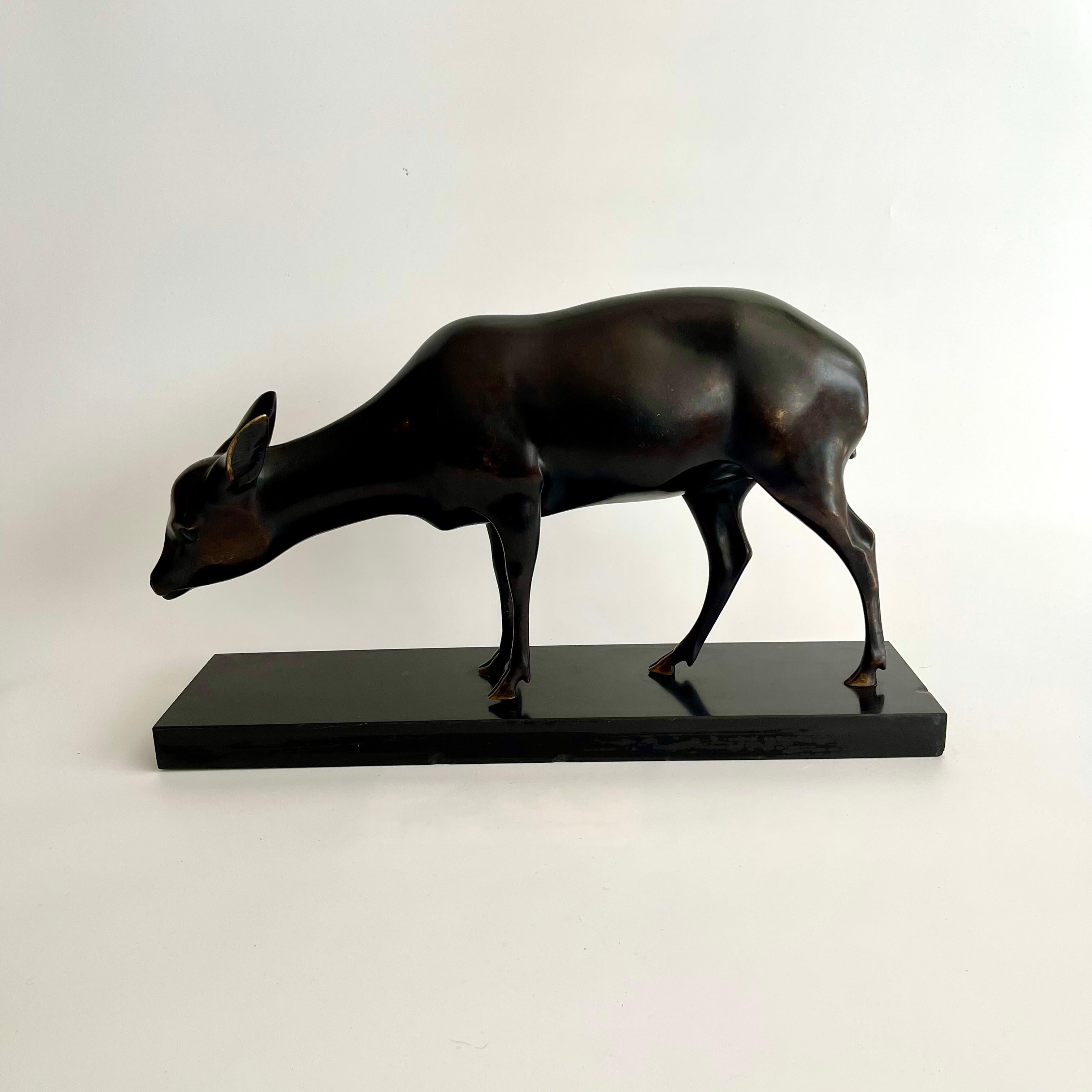 French 1950s Bronze of a Grazing Deer Signed Sinko For Sale 4