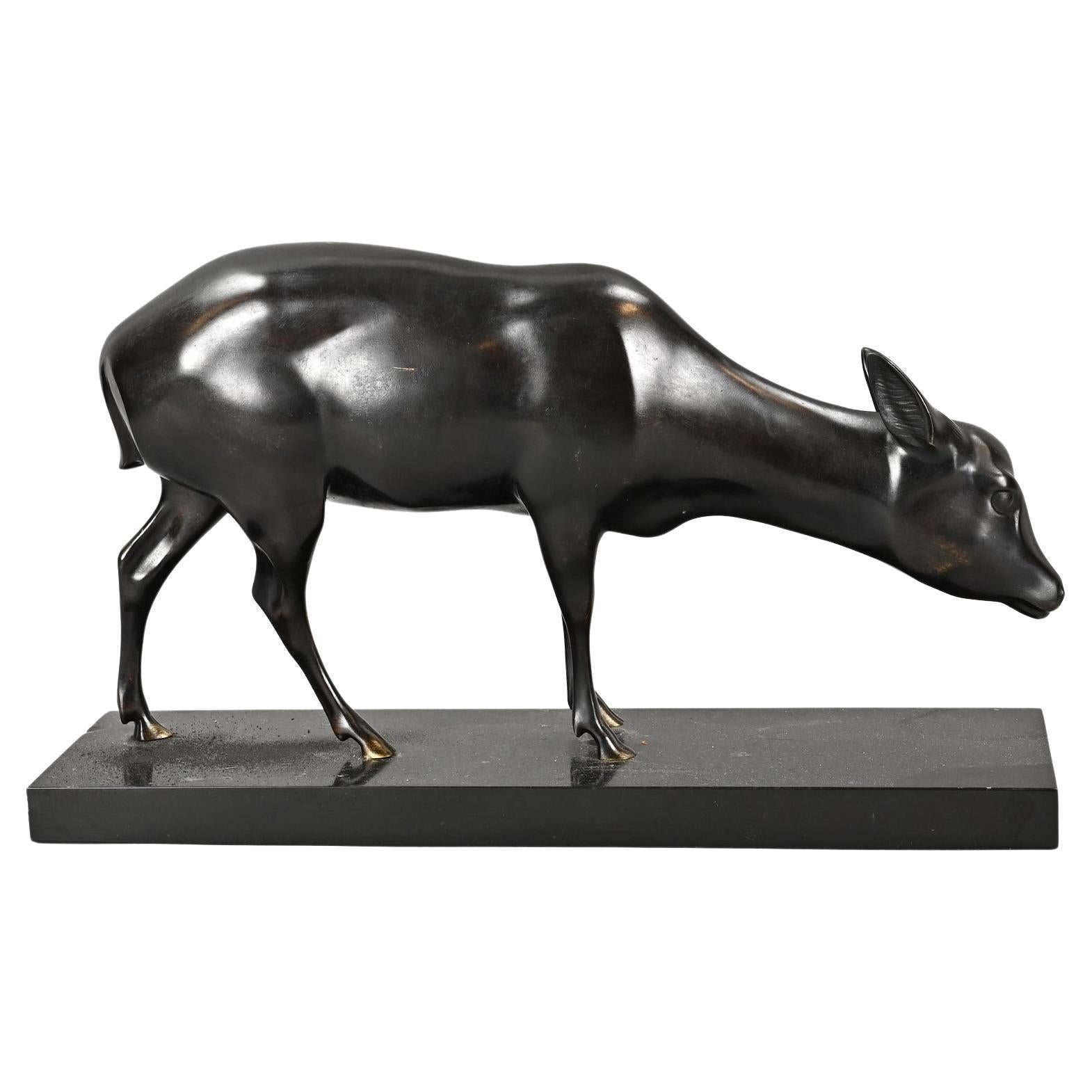 French 1950s Bronze of a Grazing Deer Signed Sinko For Sale