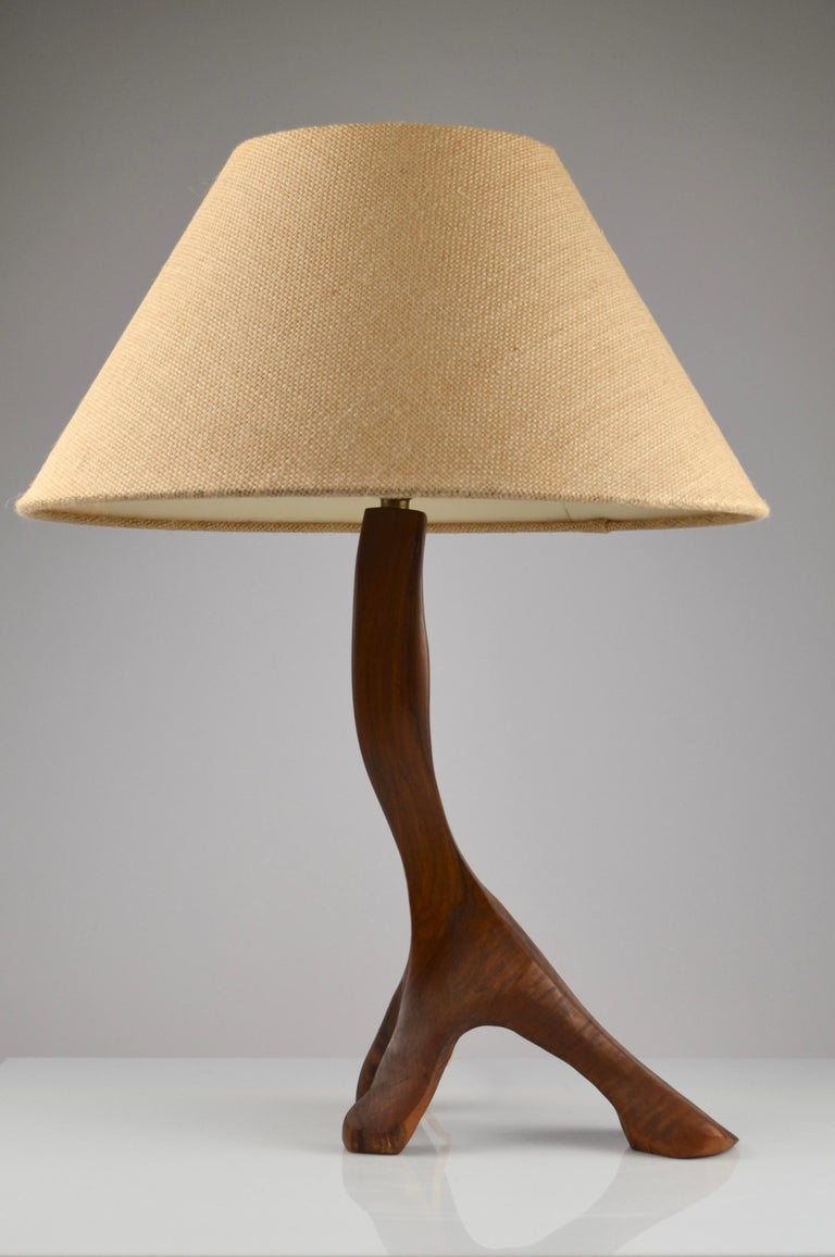 French 1950s Brutalist Olive Wood Table Lamp Sculptural Base For