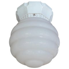 French 1950s Ceiling Light with Porcelain Base and Milk Glass Shade
