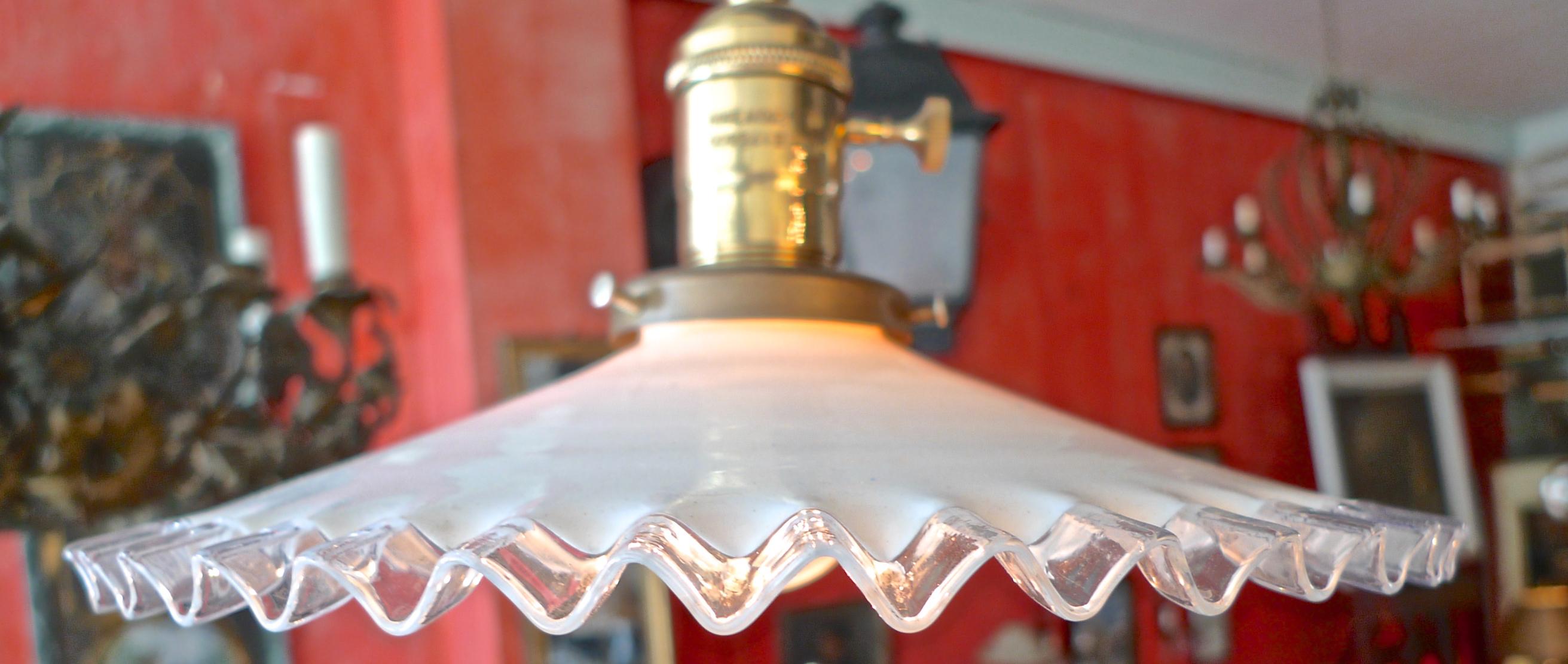 French 1950s ceiling single light pendant with milk glass shade.