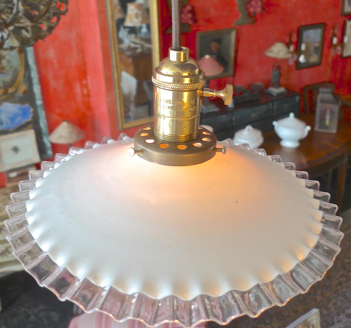 French 1950s Ceiling Single Light Pendant with Milk Glass Shade 3
