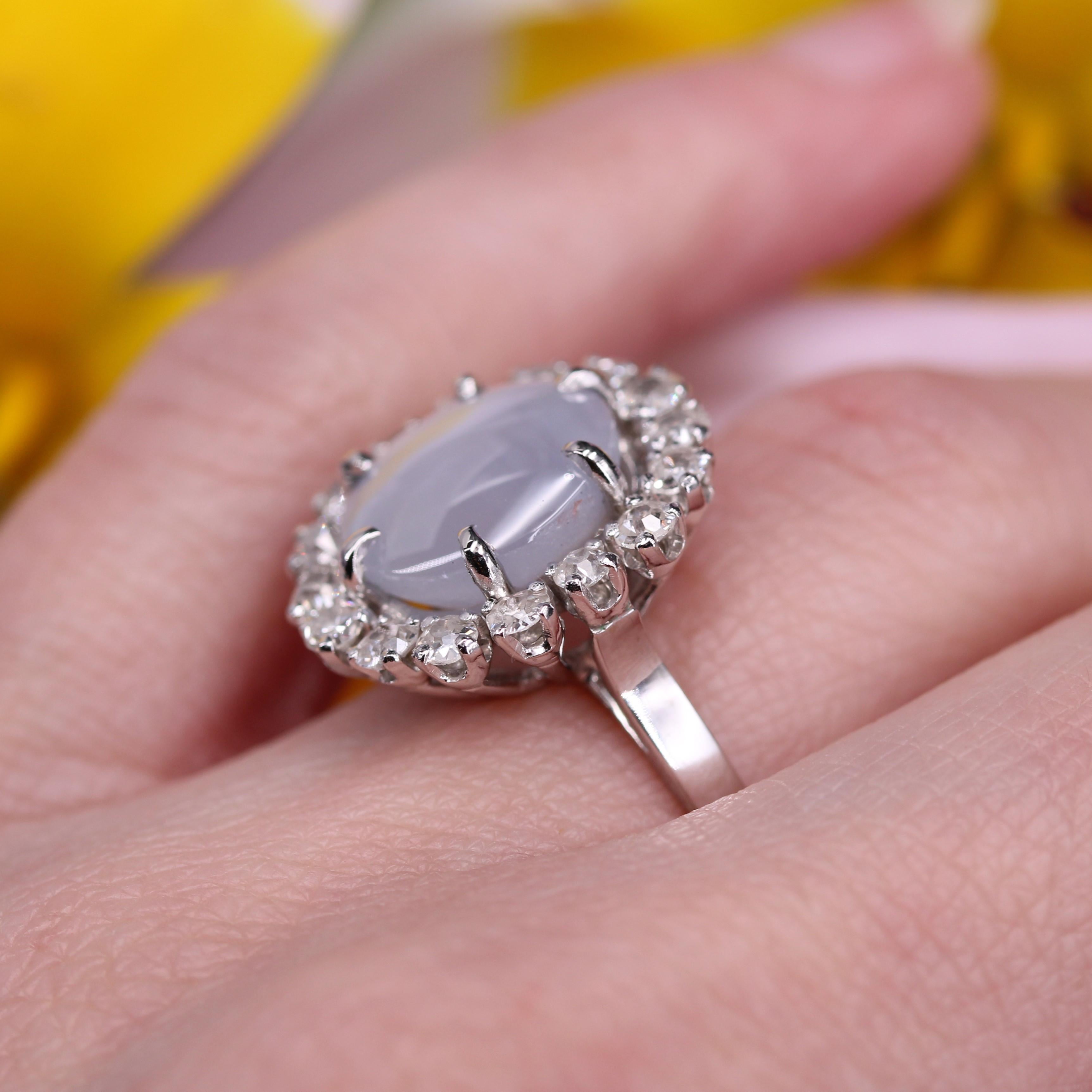 French 1950s Ceylon Star Sapphire Diamonds 18 Karat White Gold Cluster Ring For Sale 9