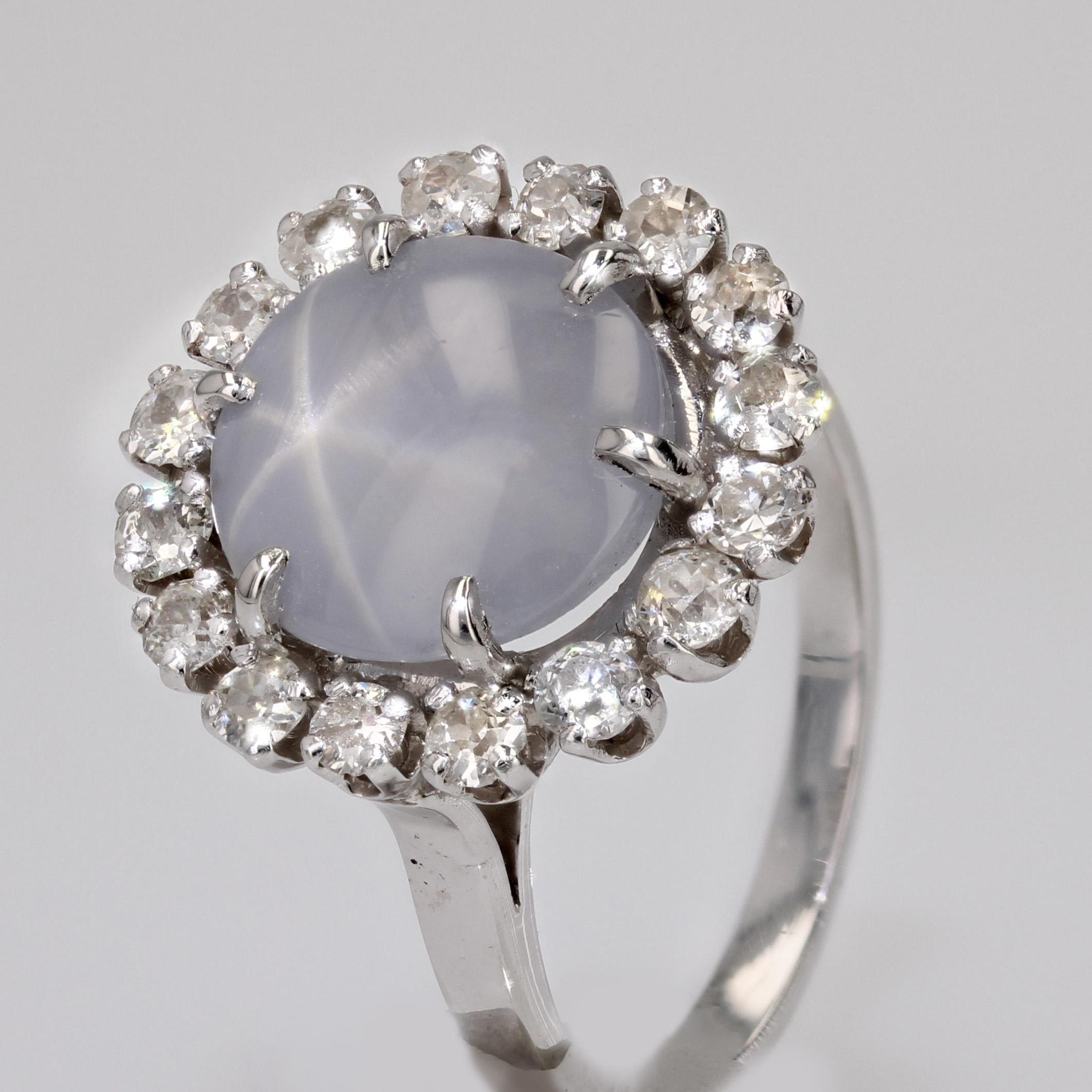 French 1950s Ceylon Star Sapphire Diamonds 18 Karat White Gold Cluster Ring For Sale 3