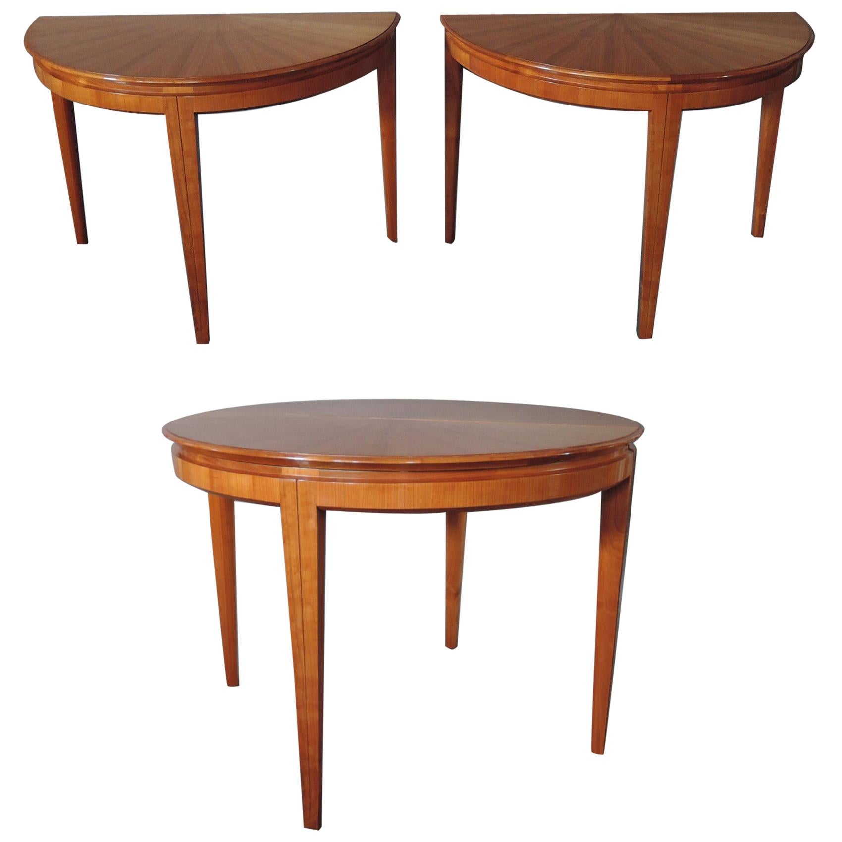 French 1950s Cherry Round Dining Table Divisible in 2 Demilune Tables