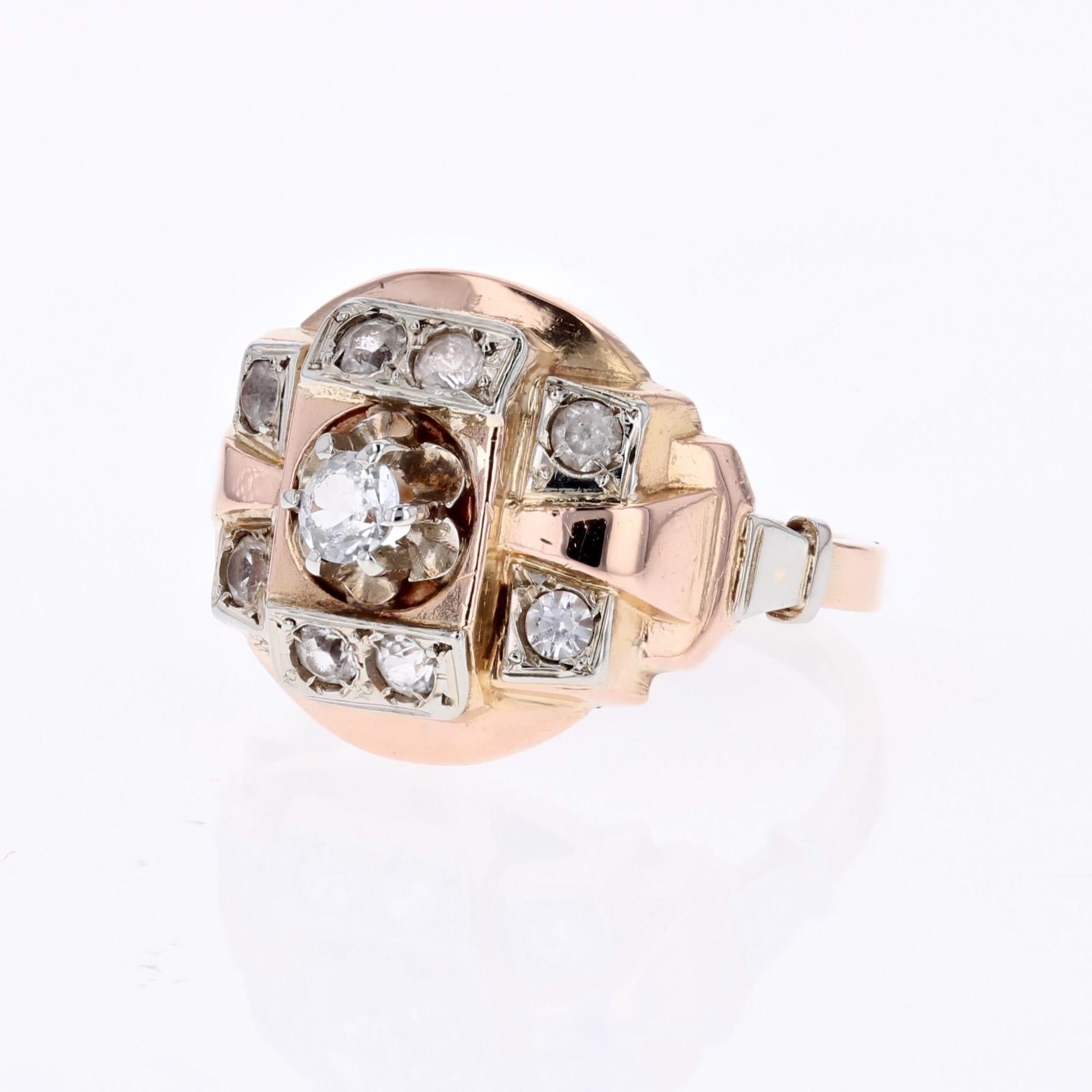 French 1950s Colorness Stone 18 Karat Rose Gold Tank Ring For Sale 3