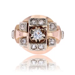 French 1950s Colorness Stone 18 Karat Rose Gold Tank Ring