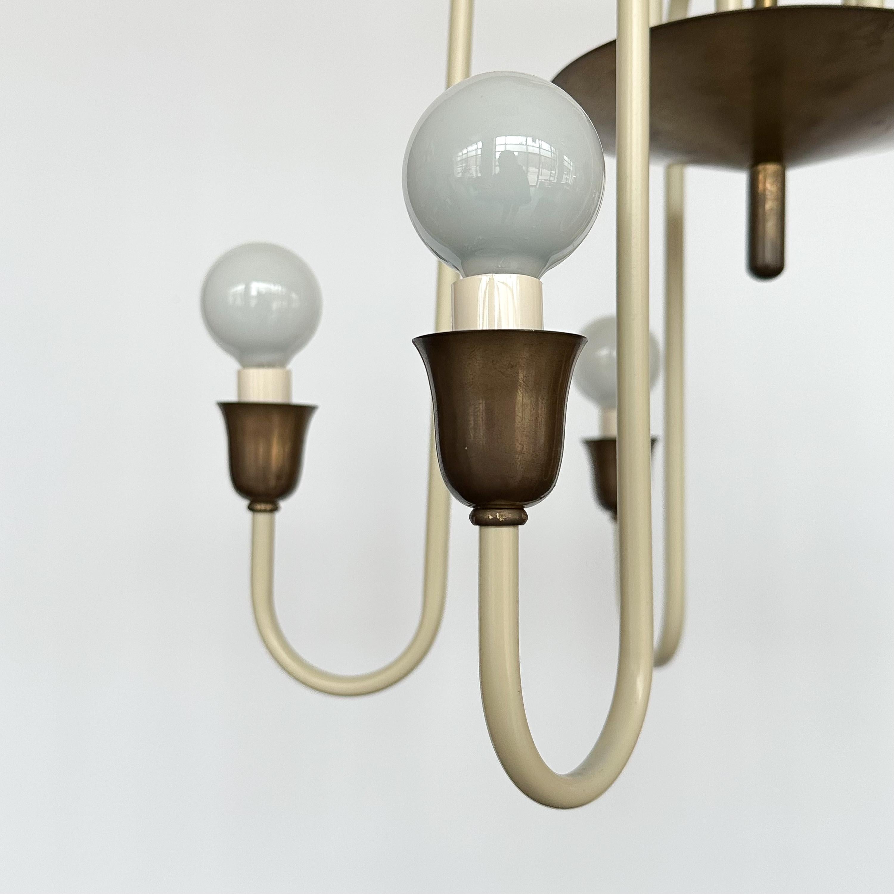 French 1950s Cream Lacquered and Brass 5 Light Chandelier 5