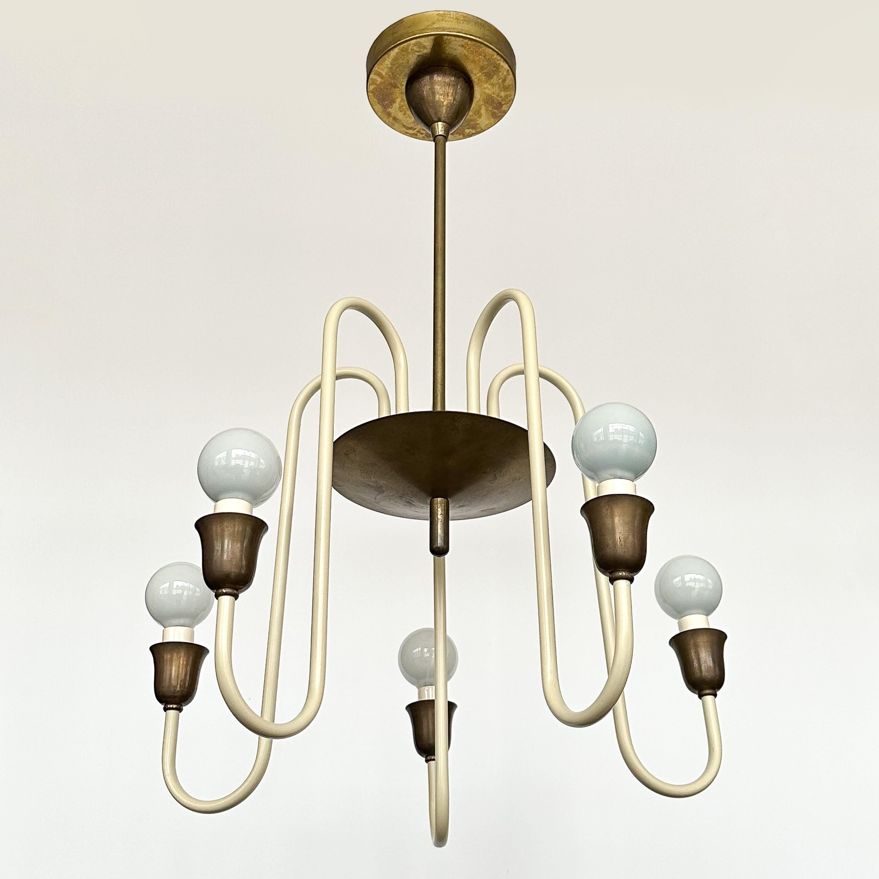 Mid-Century Modern French 1950s Cream Lacquered and Brass 5 Light Chandelier