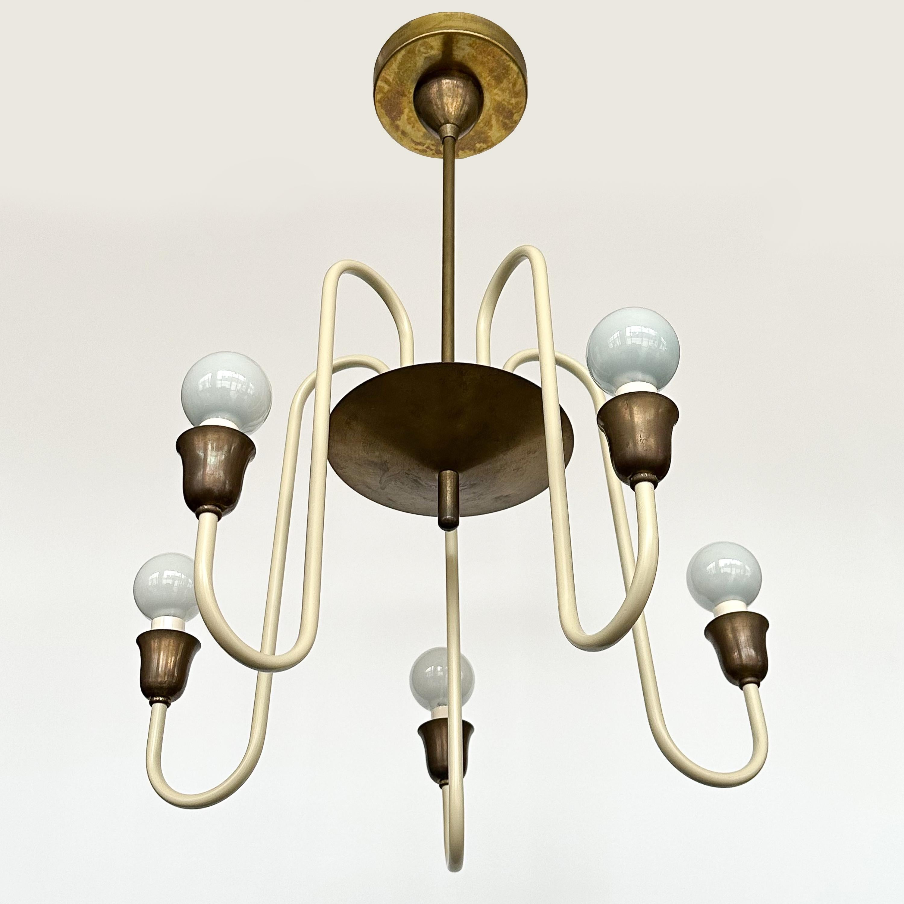 Patinated French 1950s Cream Lacquered and Brass 5 Light Chandelier
