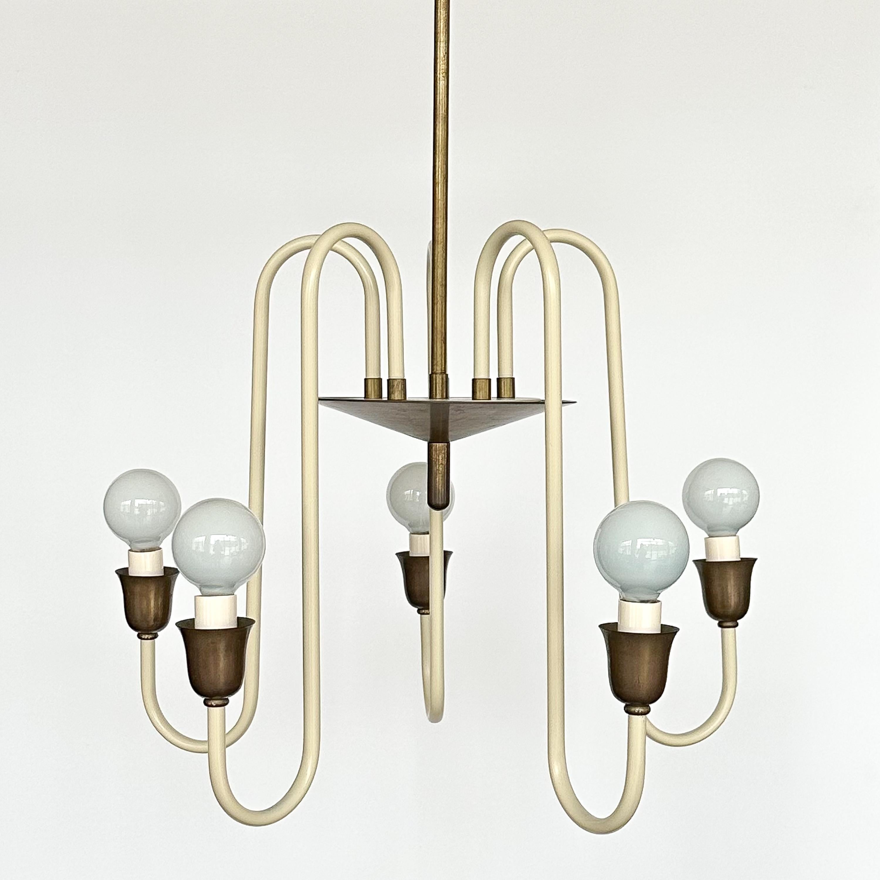 Mid-20th Century French 1950s Cream Lacquered and Brass 5 Light Chandelier