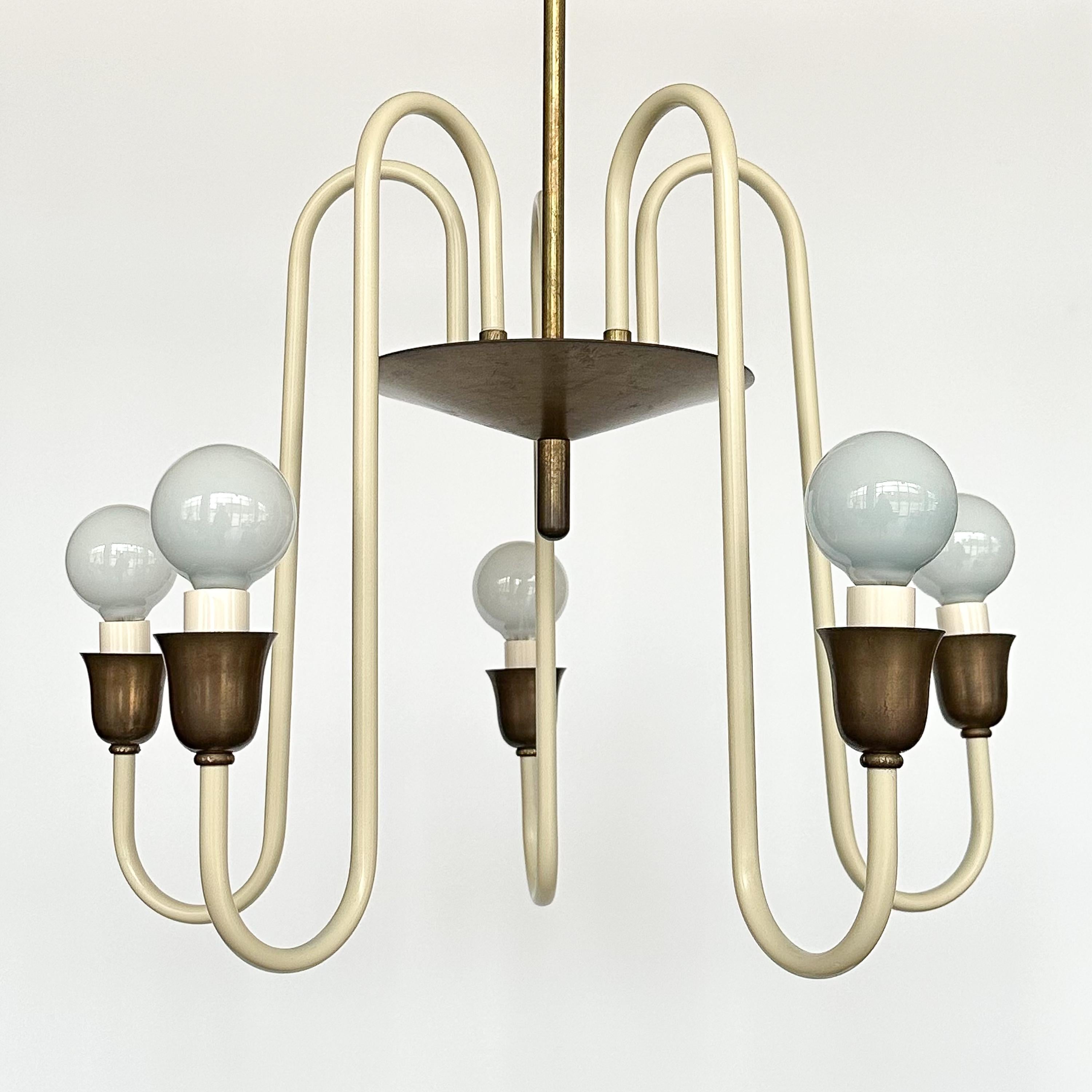 French 1950s Cream Lacquered and Brass 5 Light Chandelier 1